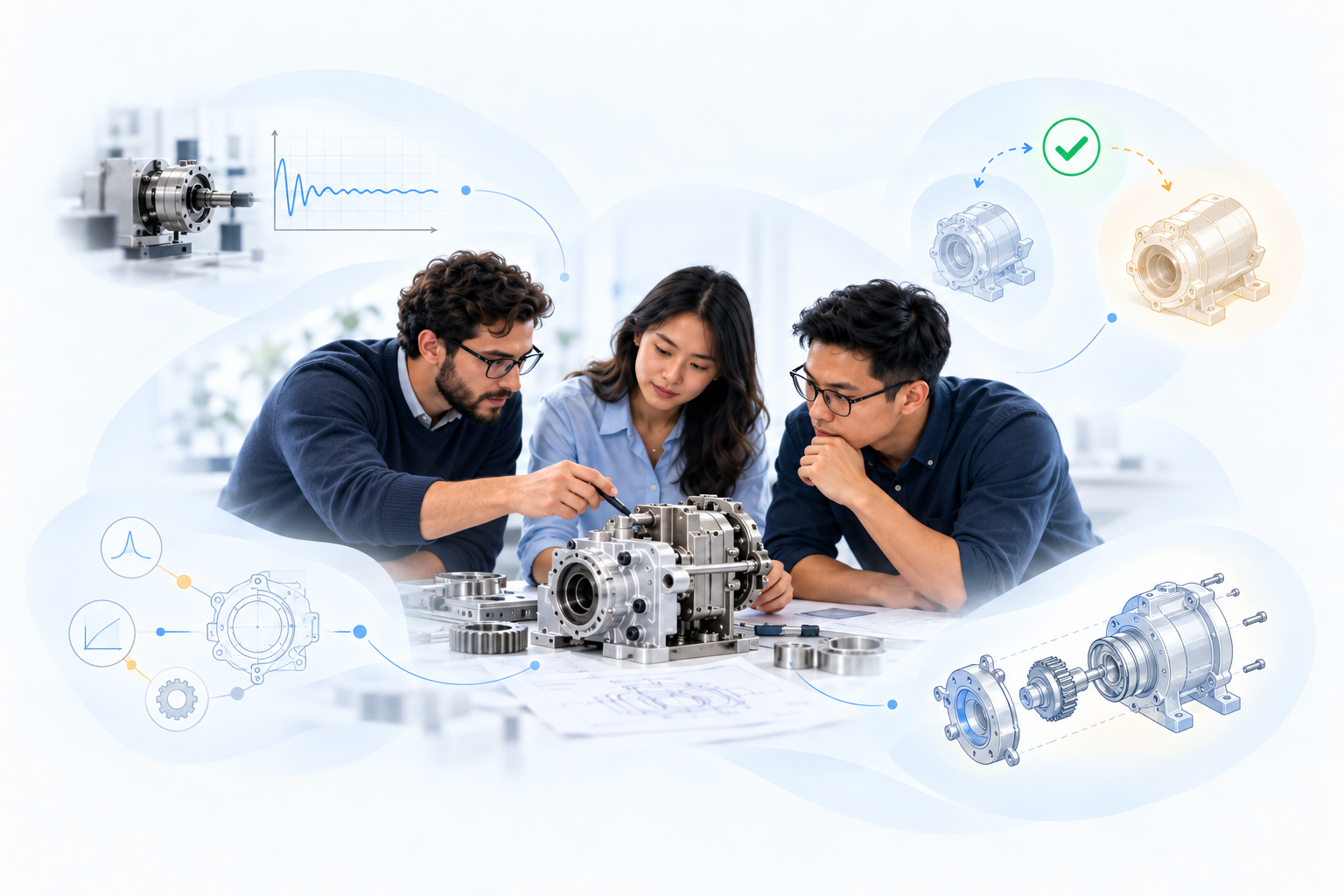 Engineers build a shared understanding around one technical assembly, with evidence, reasoning, decisions, and a developing solution connected around their work.