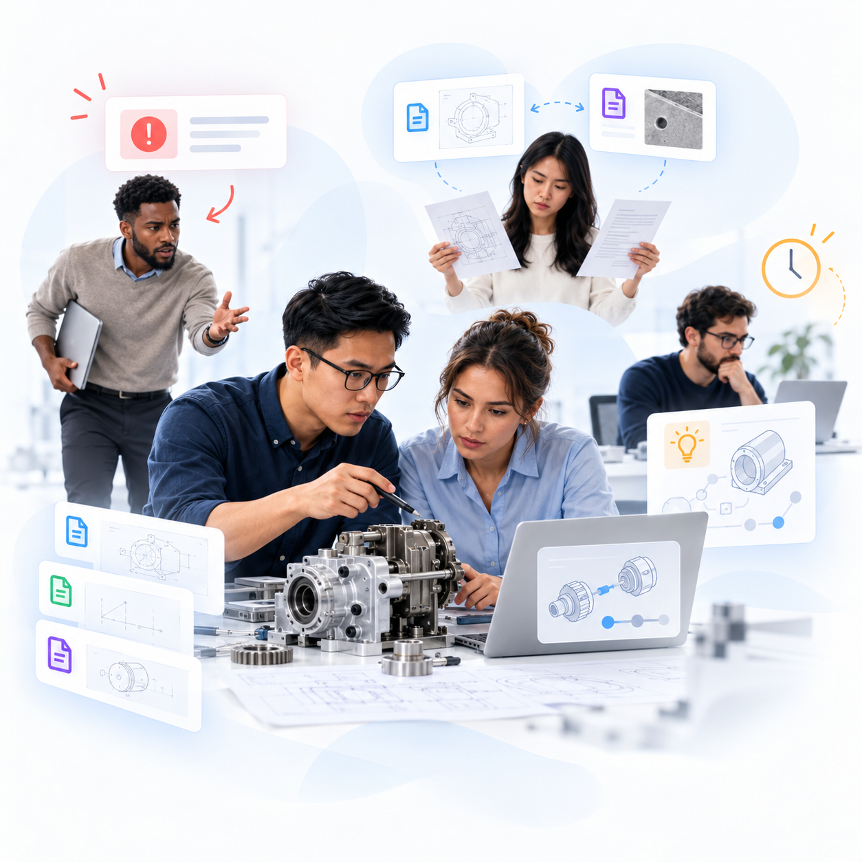 Engineers investigate a technical assembly as a colleague brings an urgent issue; nearby, evidence needs connecting and a promising improvement waits while a solution develops.