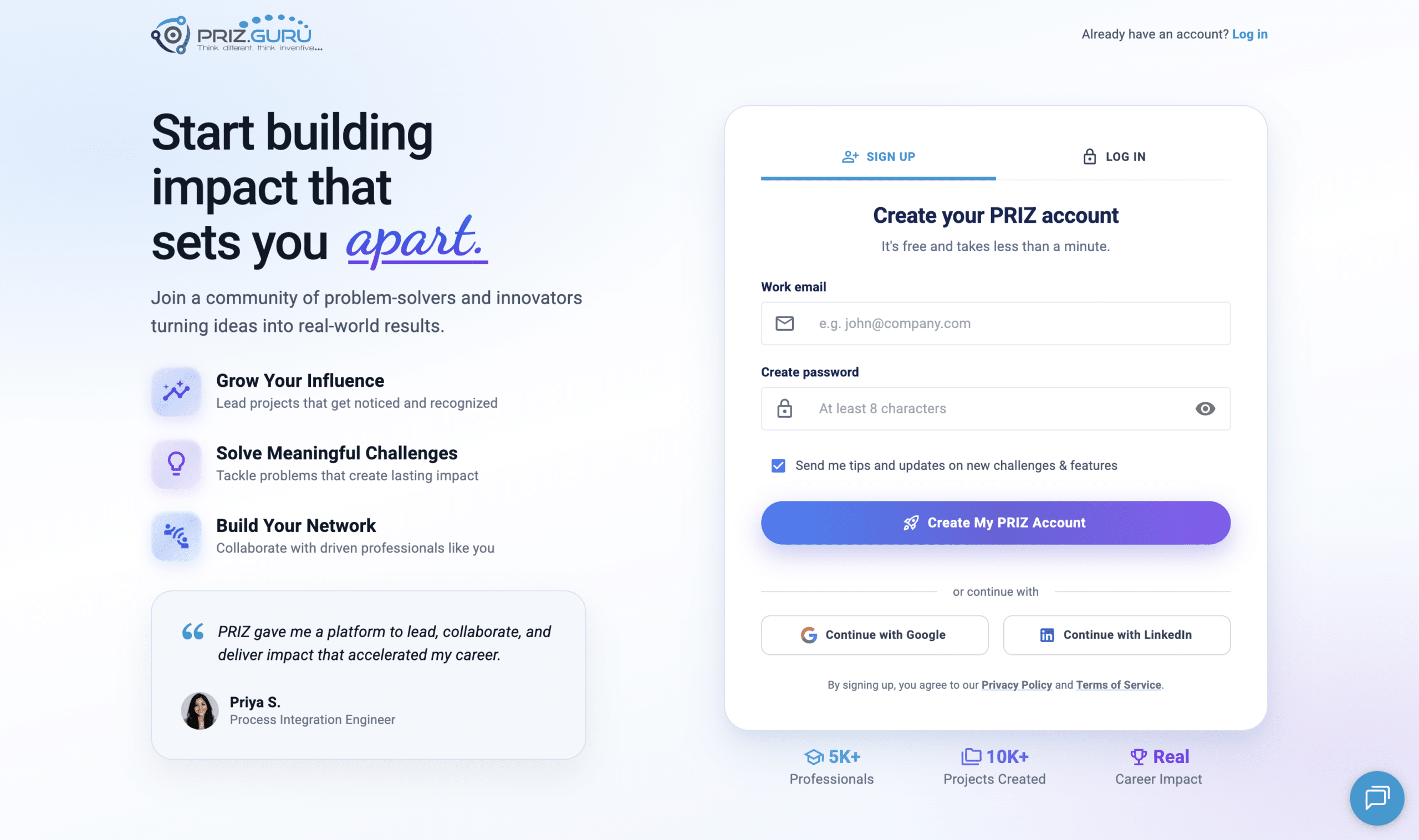The Sign up page. The heading is Create your PRIZ account. It’s free and takes less than a minute.