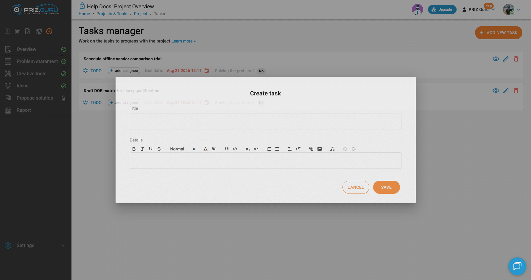 Create task. Enter a Title (and optional Details), then Save.