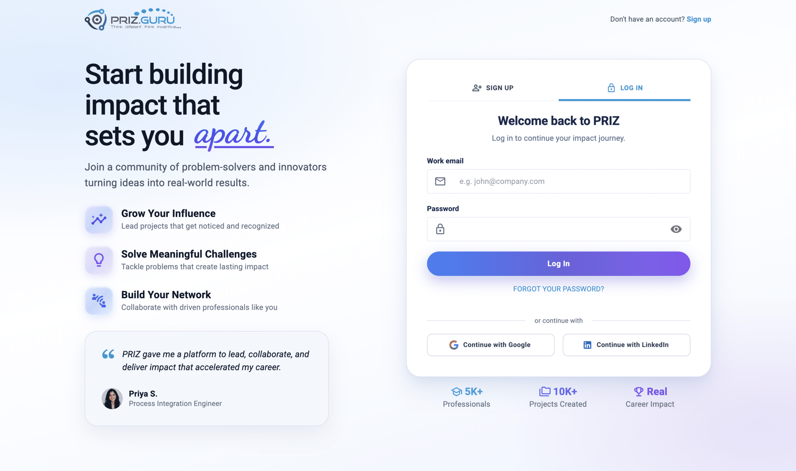 The Log in page. The heading is Welcome back to PRIZ.