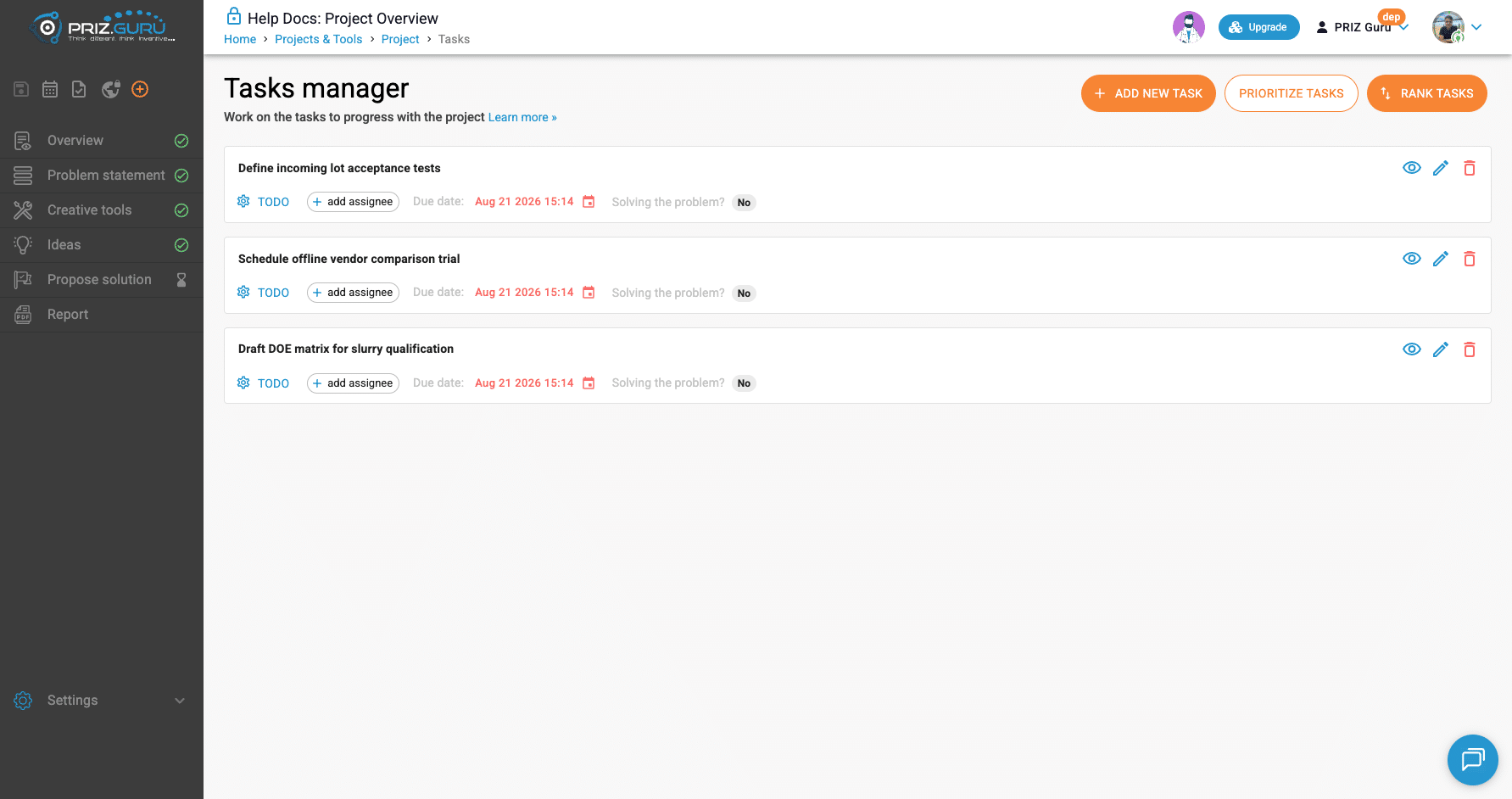 Three incomplete tasks. Add new task, Prioritize tasks, and Rank tasks are all available.