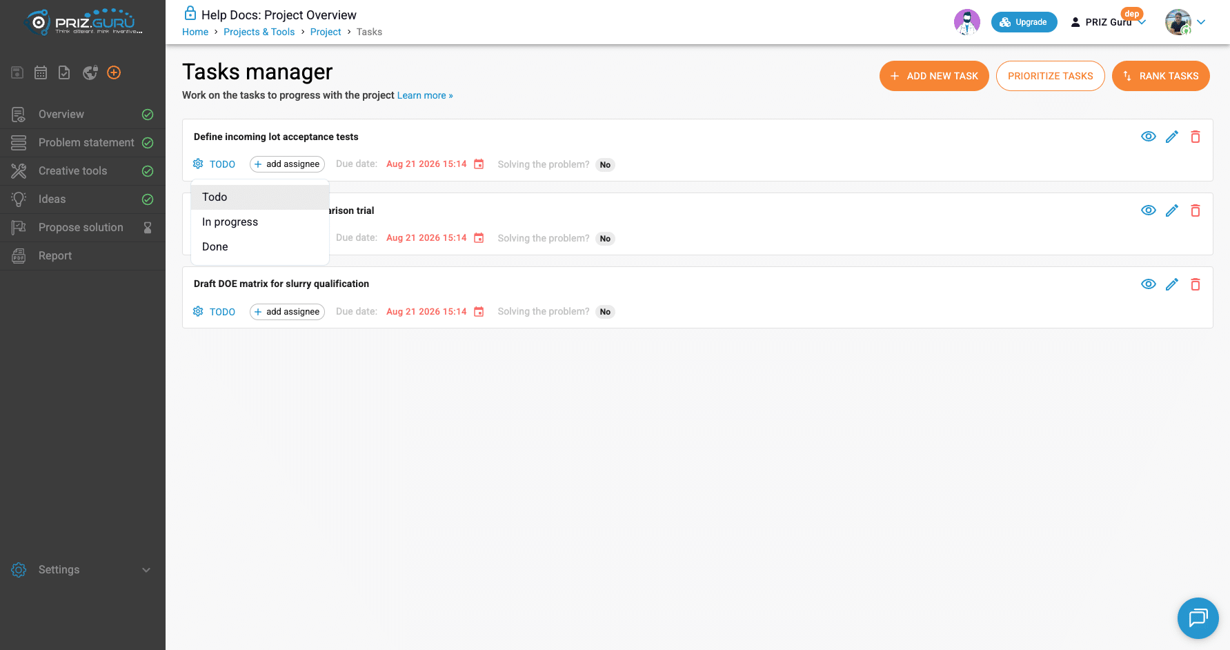 Status menu on a task card.