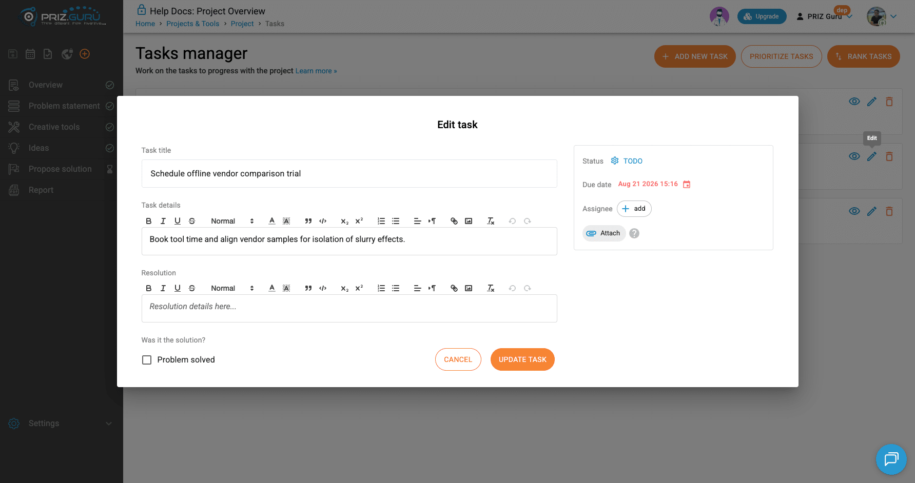 Edit task. Resolution, Problem solved, status, due date, assignee, and Attach are available here.