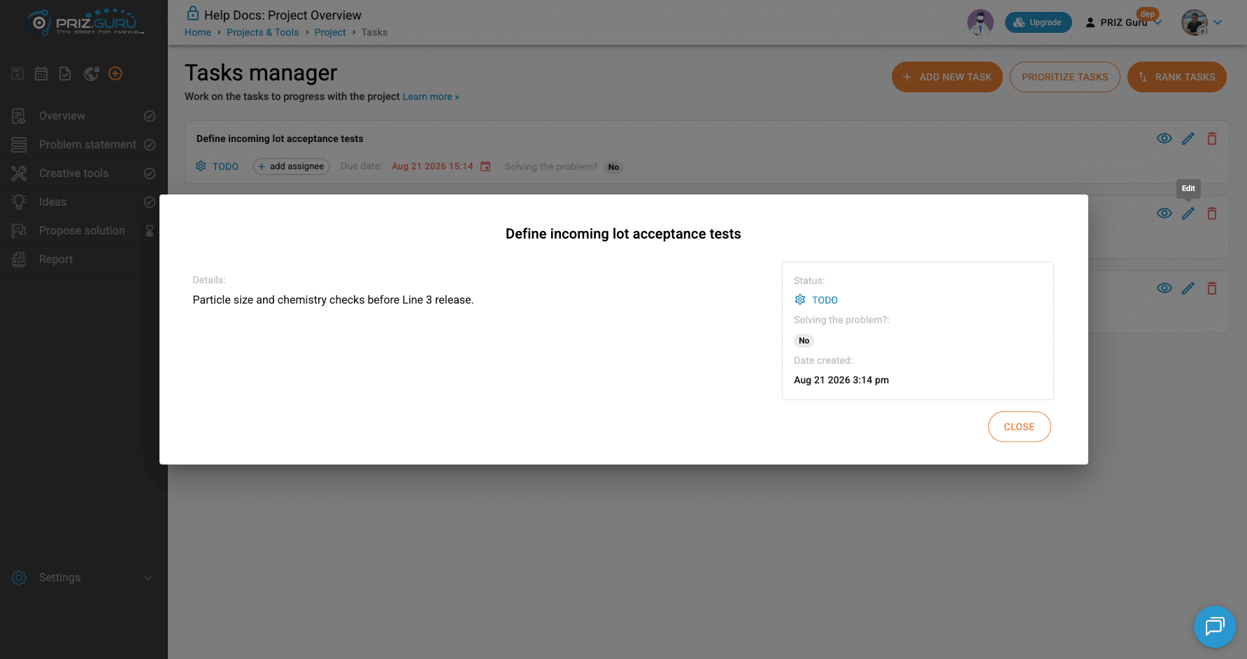 View opens a read-focused dialog. Use Edit to change the task.