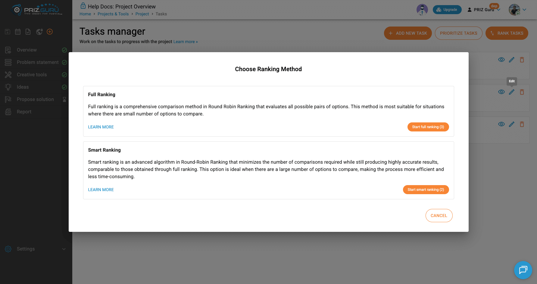 Choose Ranking Method when you start Rank tasks. Cancel closes without starting.