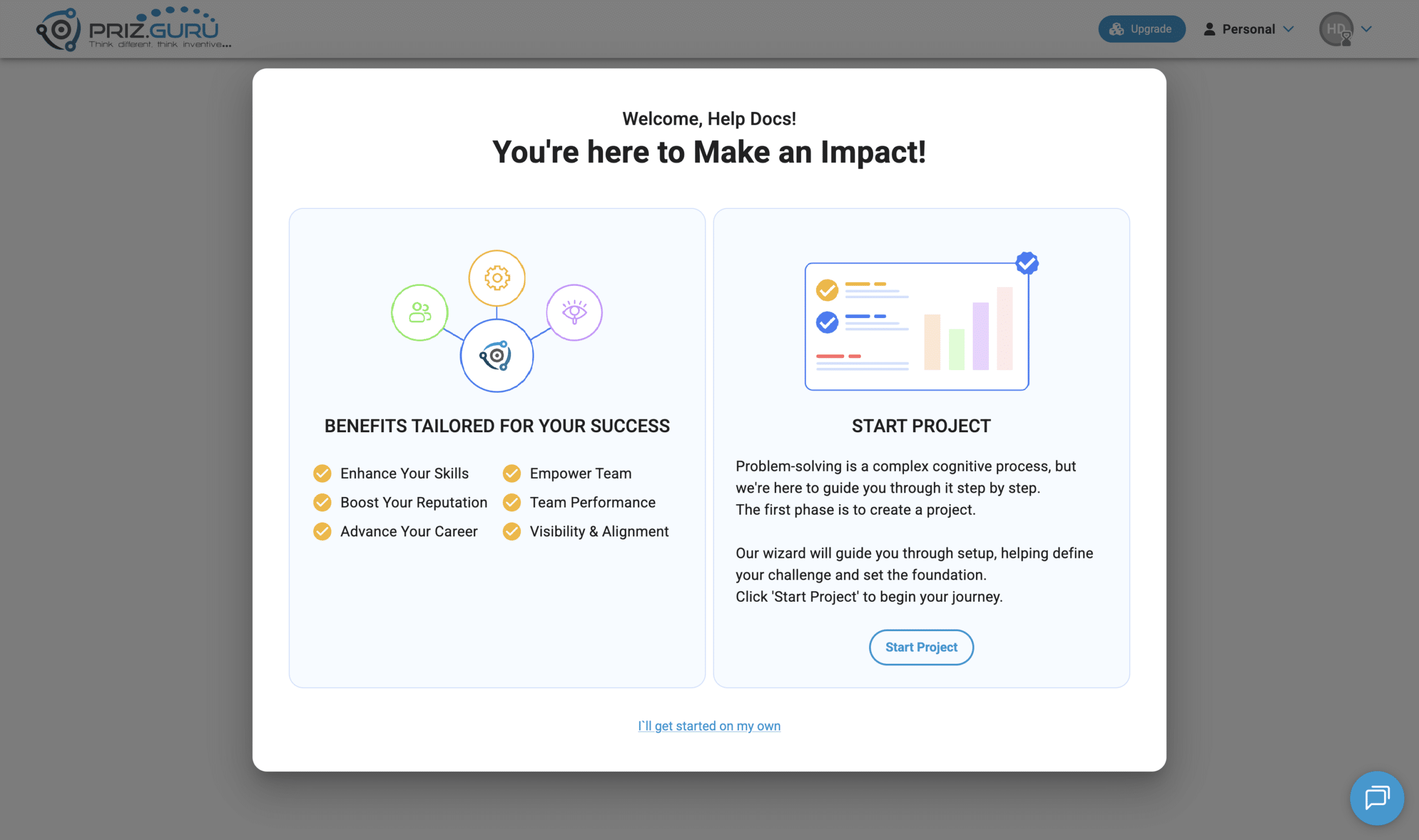 The welcome screen. Choose Start Project, or I’ll get started on my own.