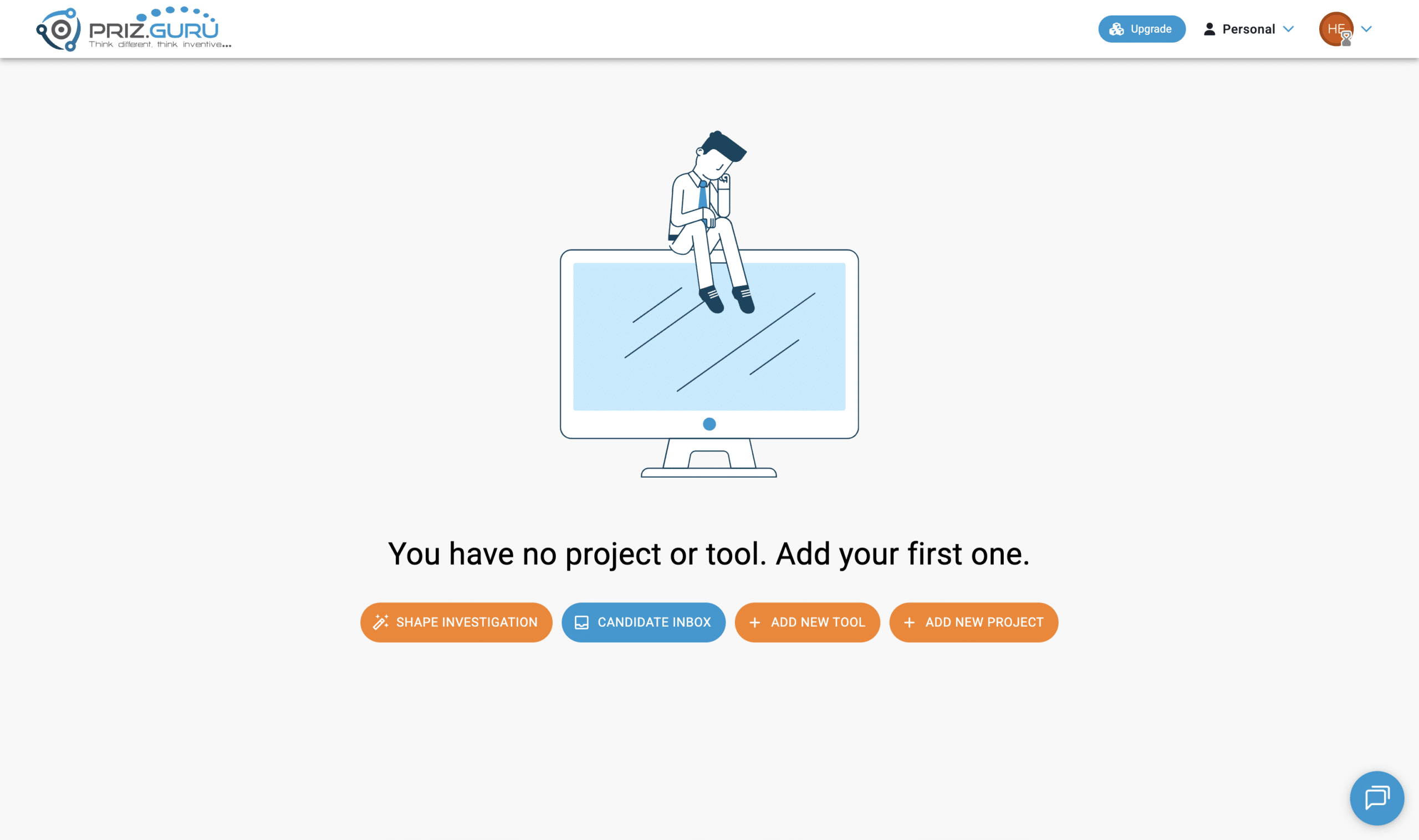 You have no project or tool. Add your first one. Shape Investigation, Candidate Inbox, Add New Tool, and Add New Project are the starting actions.