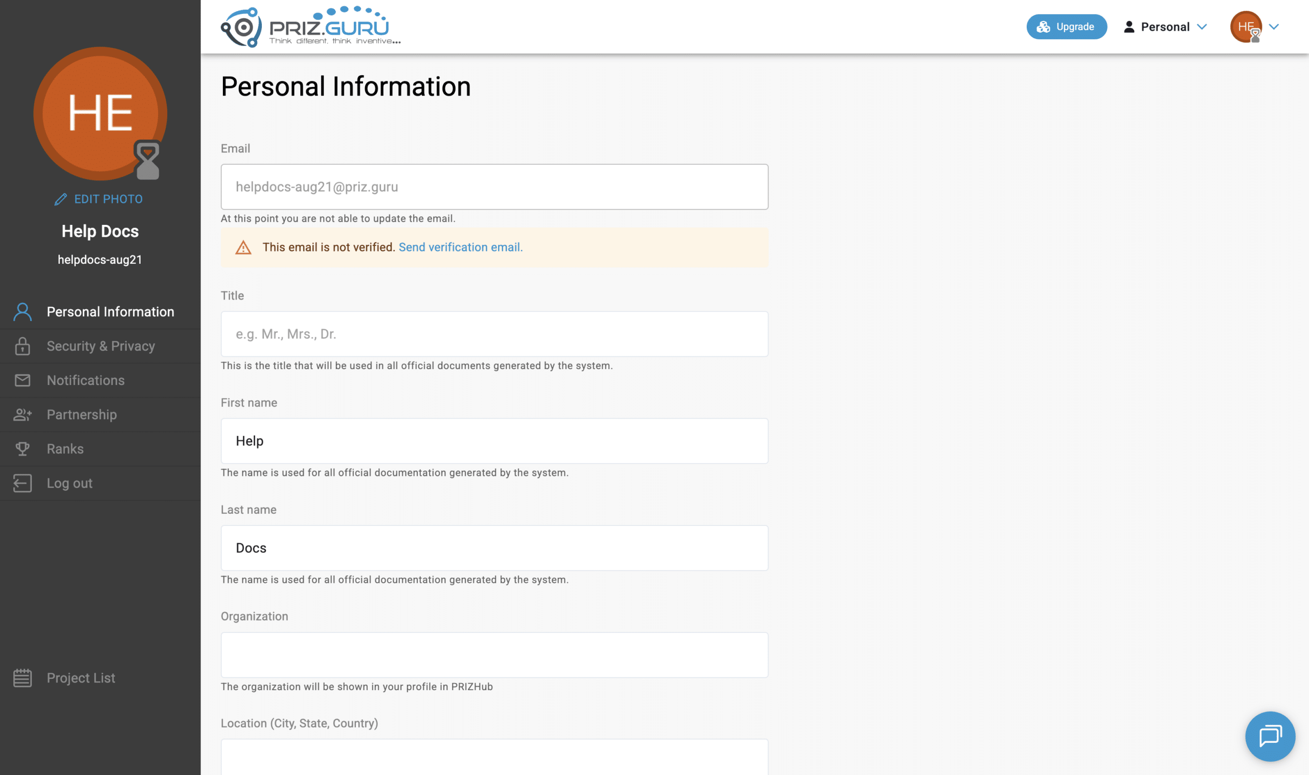 Personal Information. The email cannot be changed here. Send verification email if the address is not verified.