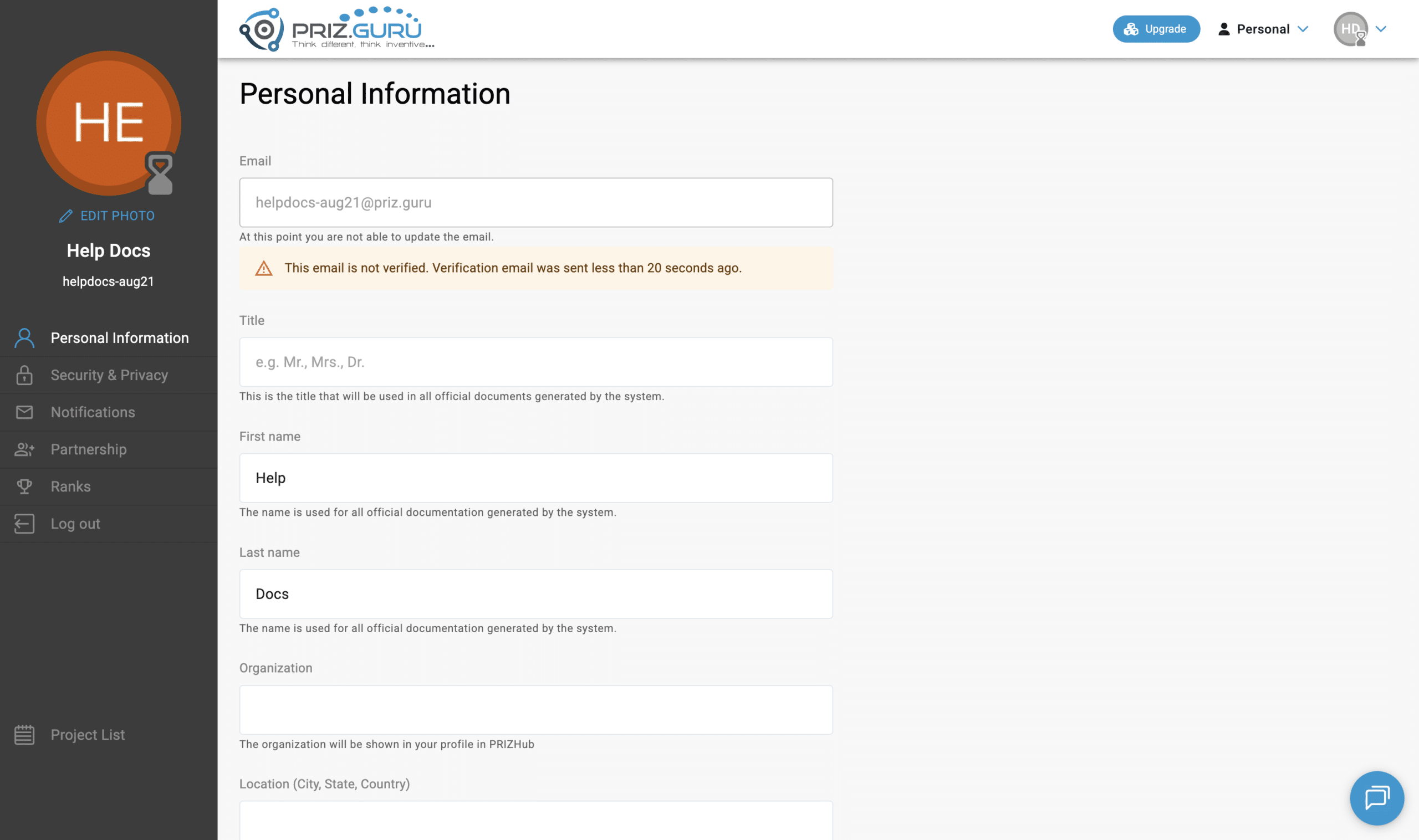 After you request it, PRIZ shows that the verification email was sent. You can request another one after about 10 minutes.