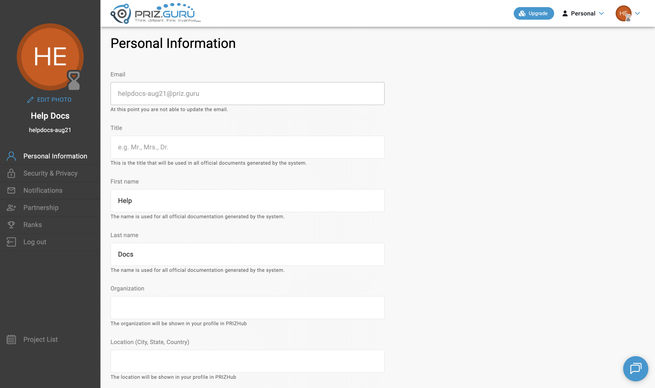After verification, Personal Information shows the email with no warning. The address still cannot be changed here.