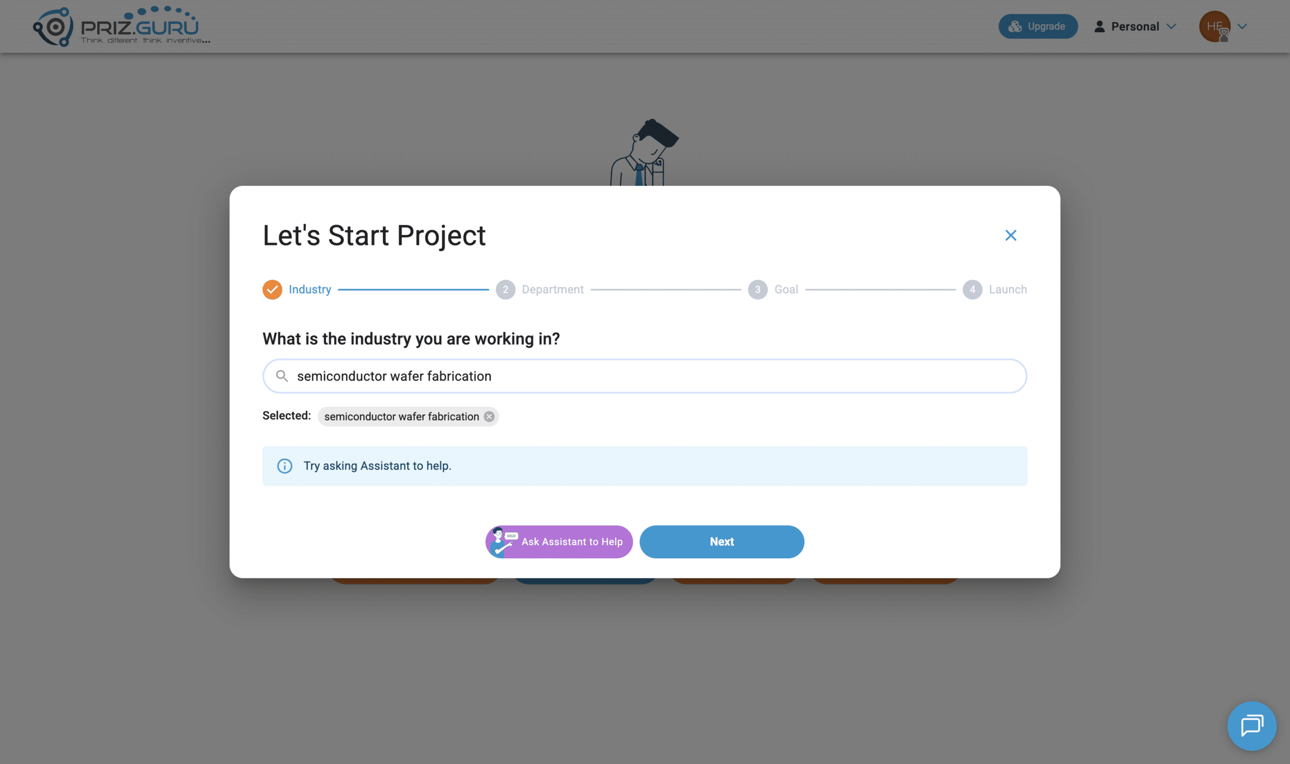 After you type a description, Selected shows that text. If nothing in the list matches, PRIZ suggests: Try asking Assistant to help.