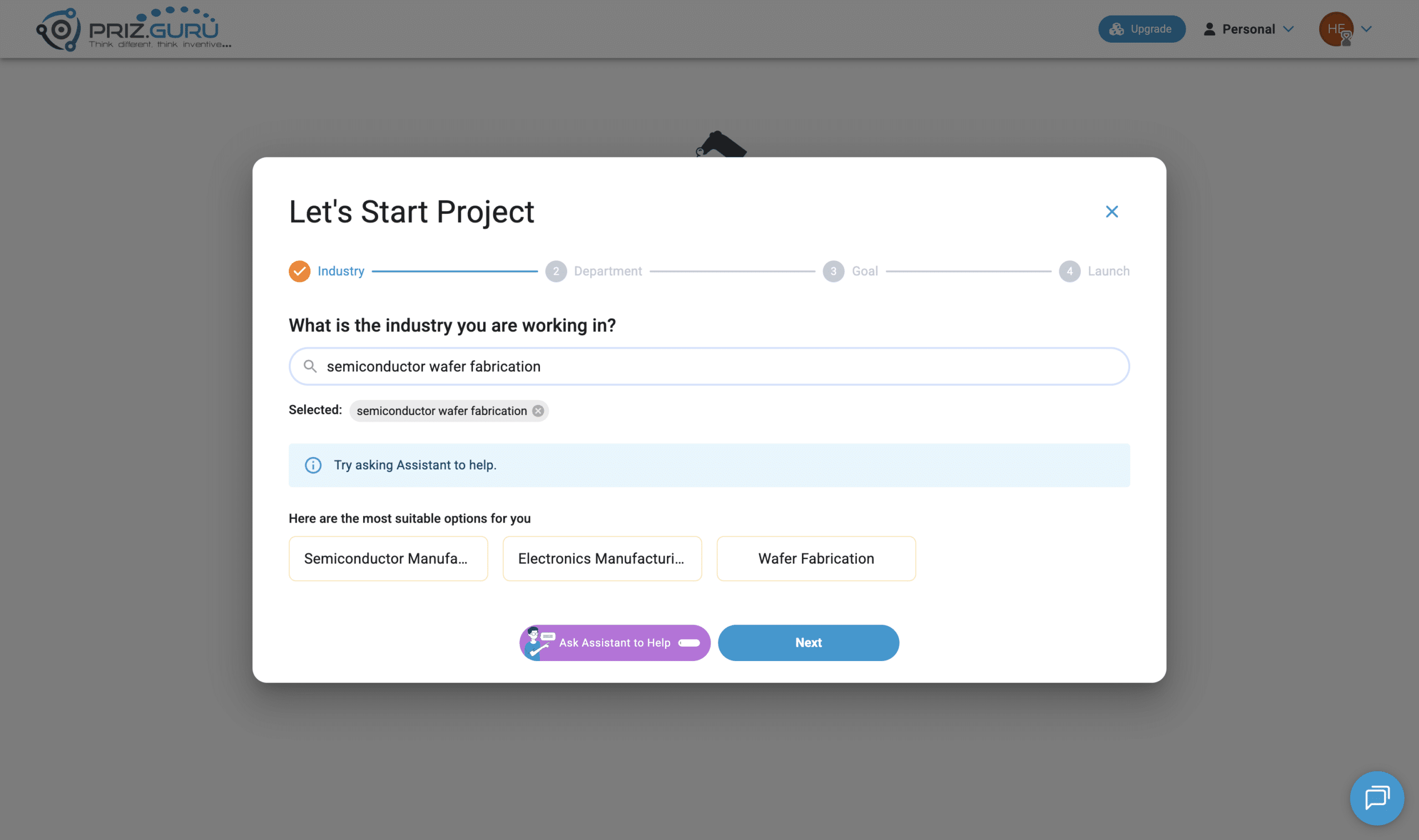 Ask Assistant to Help returns matching industry options. Choose one, or keep the text you typed.