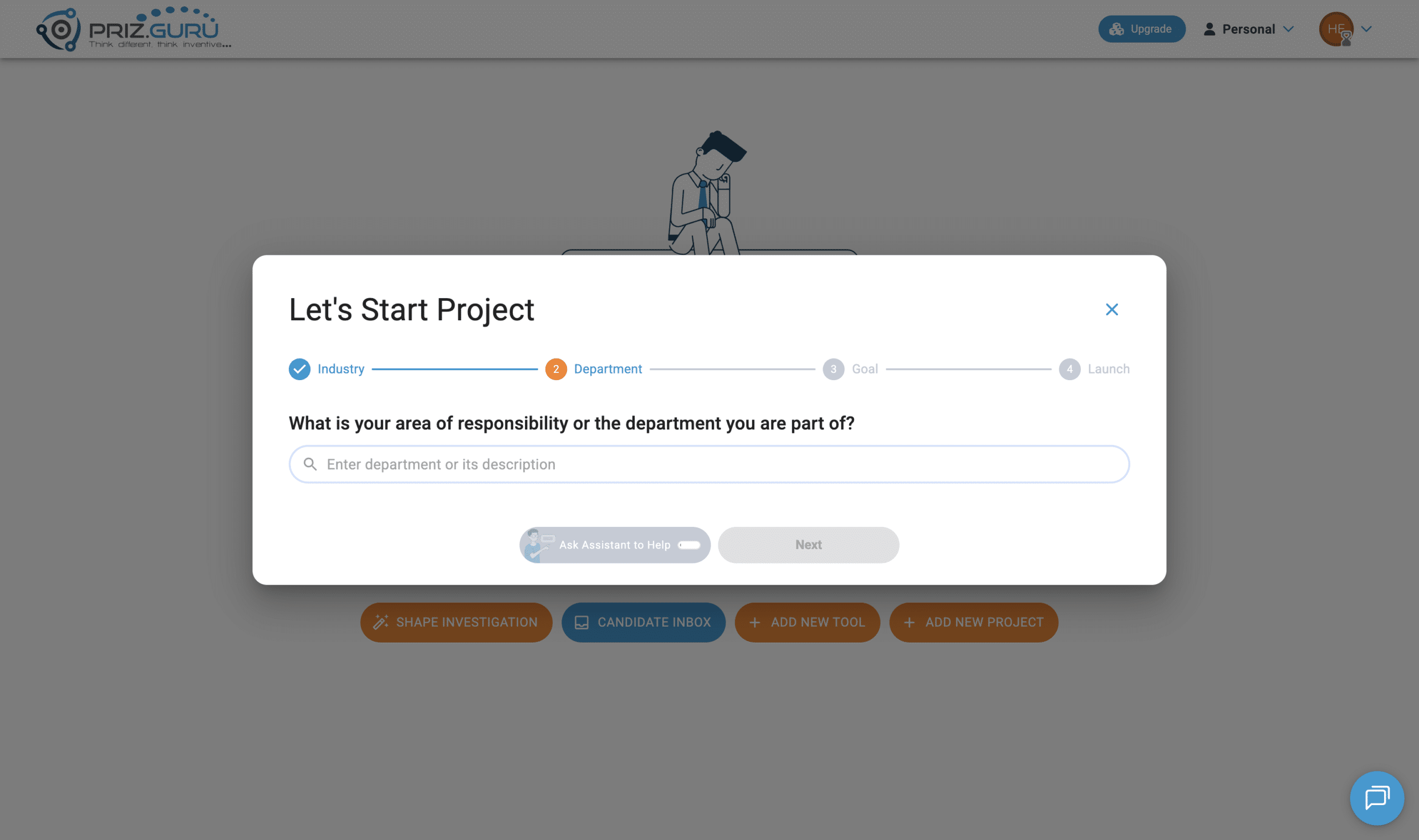 Step 2. Industry is complete. Enter a department or area of responsibility.
