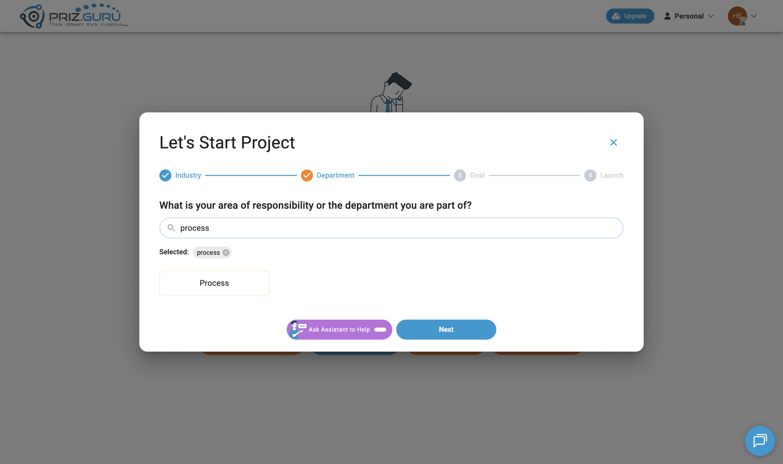 Typing a few letters filters the common departments. Click the option you want, then click Next.