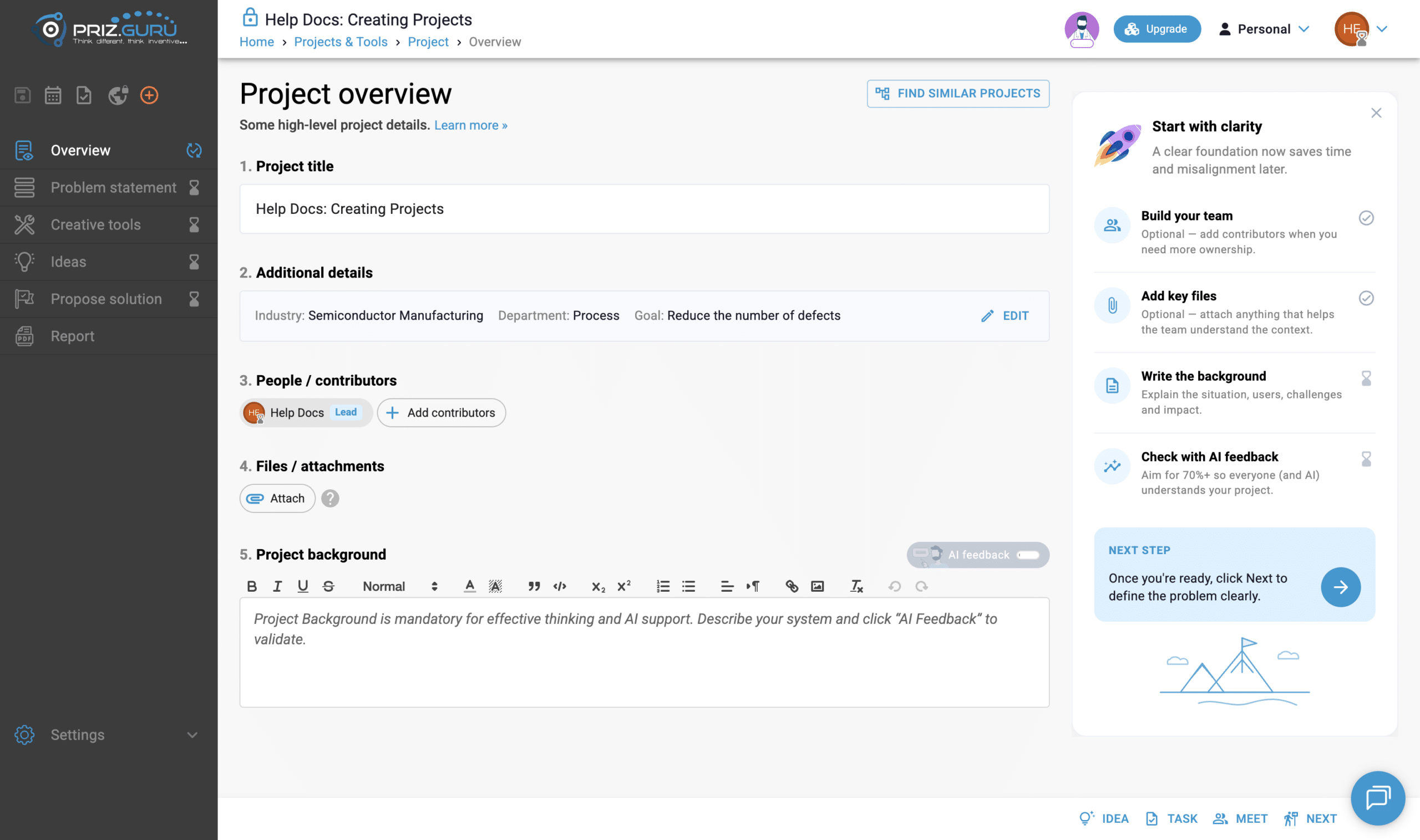 Project Overview after Launch. The wizard answers are already filled in. Start with clarity is on the right.