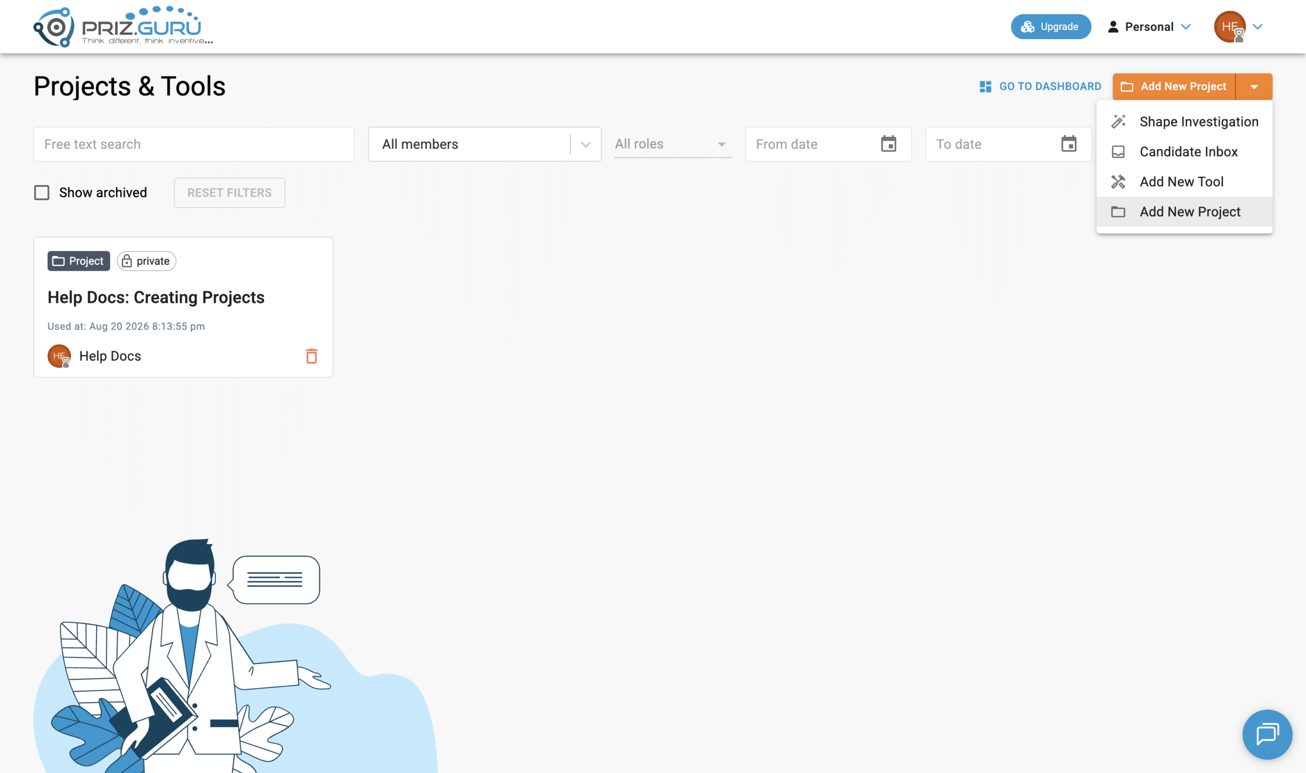 After you have a project, Add New Project is at the top of the list. The menu also includes Shape Investigation, Candidate Inbox, and Add New Tool.