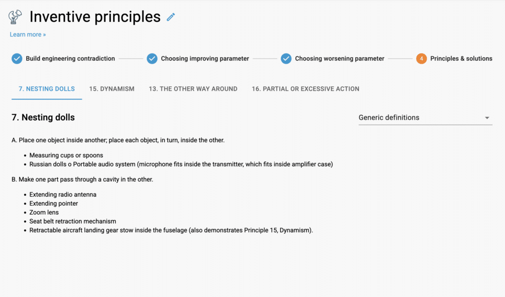 PRIZ tool suggesting inventive principles to resolve an engineering contradiction.