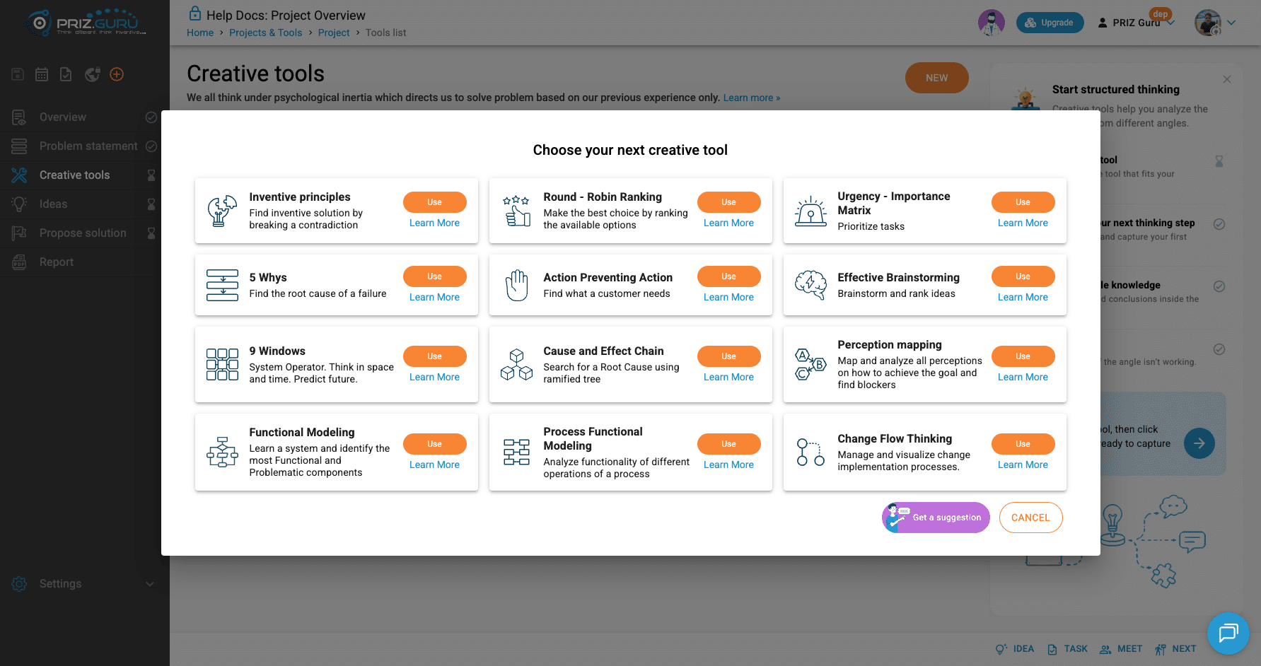 Tool picker. Click Use on a card to create that tool in the project. Get a suggestion and Cancel are at the bottom.