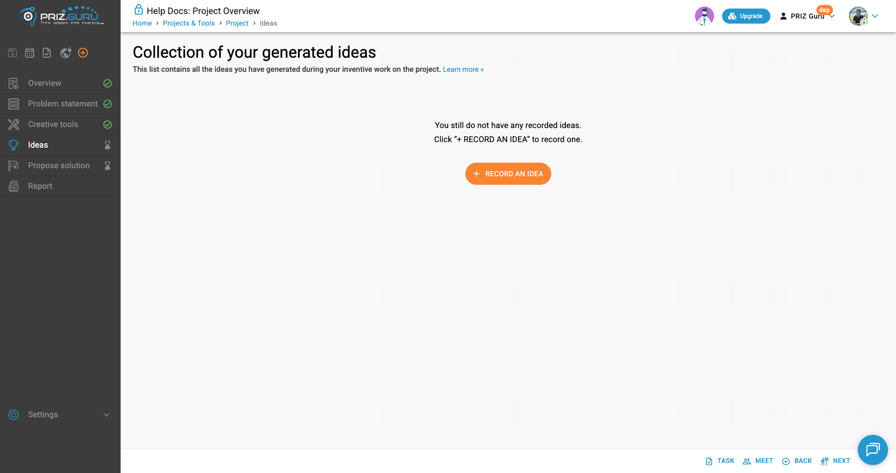 Empty Ideas. Click Record an idea to open the recorder. Footer shows Task, Meet, Back, and Next — no Idea button on this page.