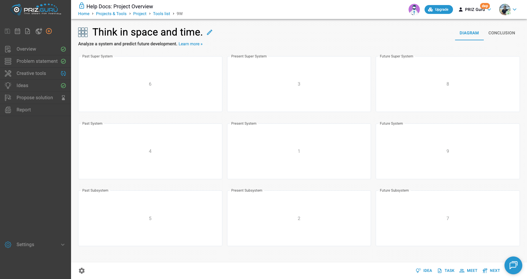Empty matrix. Placeholder numbers 1–9 show the recommended fill sequence.