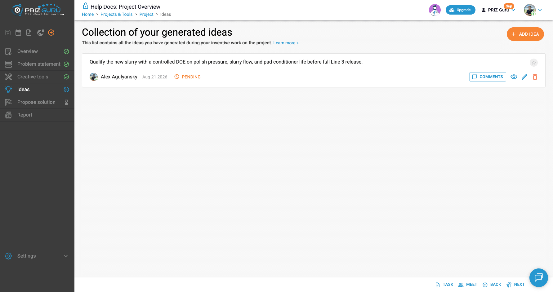 One idea on the list. Add idea is available. Rank all ideas is not shown until you have three ideas.