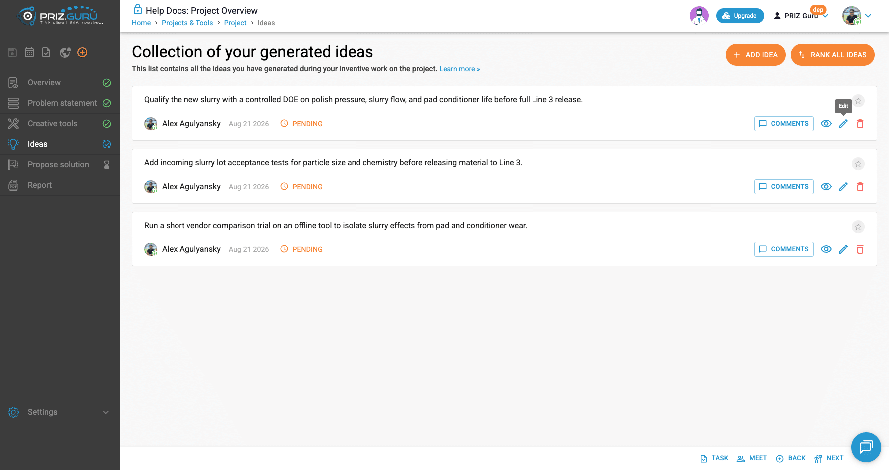 Three ideas on the list. Add idea and Rank all ideas are both available.