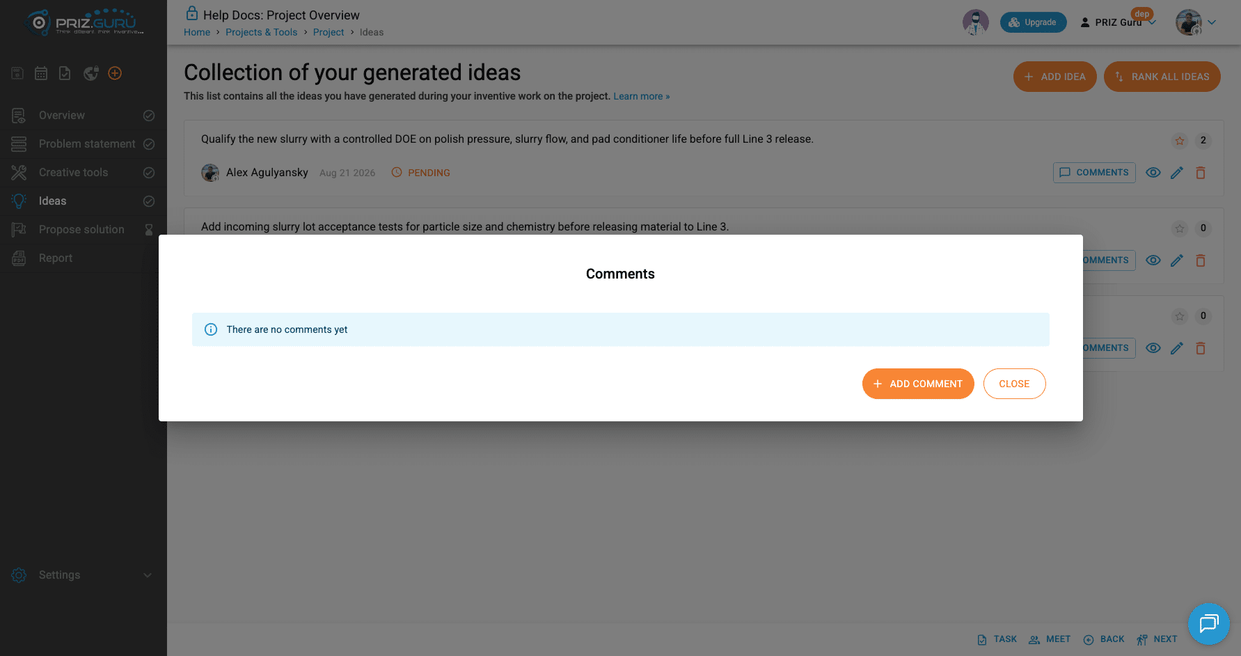 Empty Comments dialog. Add comment opens the New comment form.