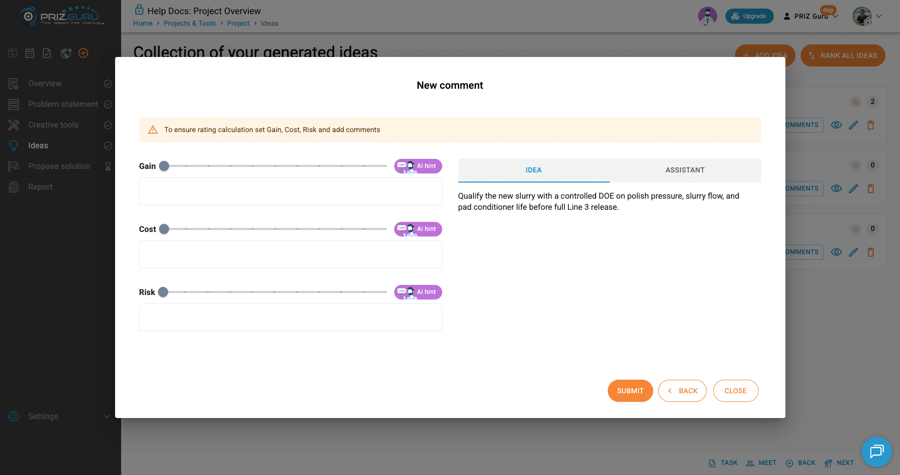 New comment form. Warning banner until Gain, Cost, Risk and their explanations are complete.