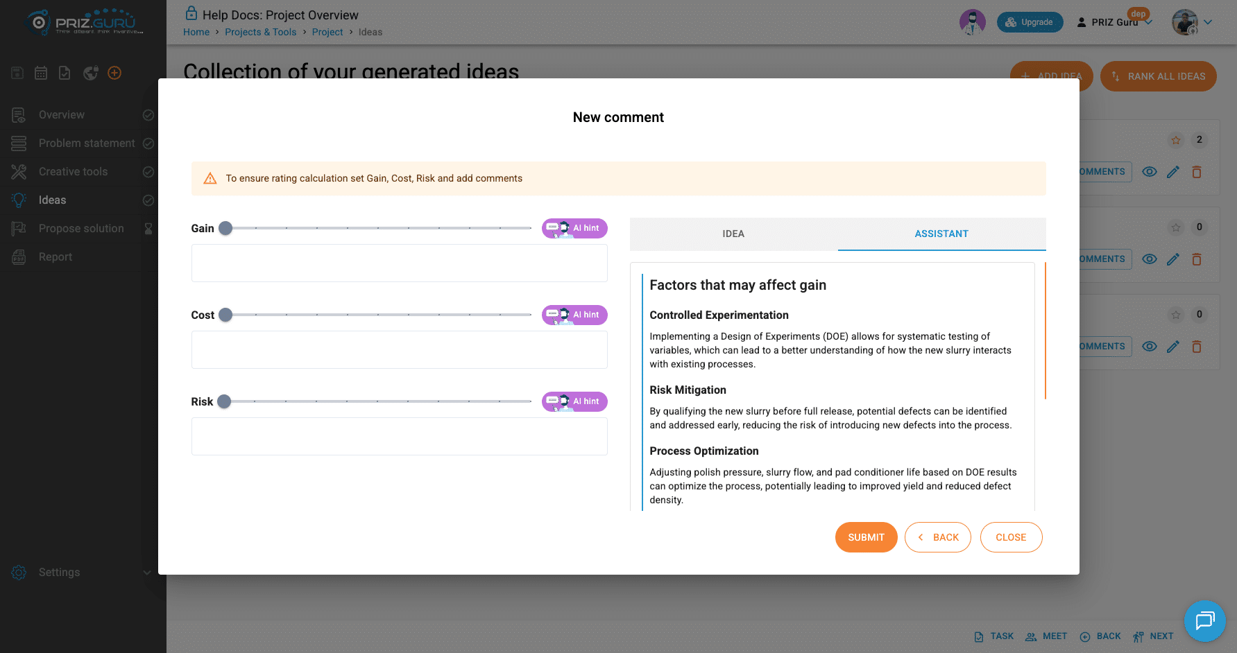 After AI hint on Gain: Assistant lists factors that may affect gain. Copy ideas into your own explanation; set the slider yourself.