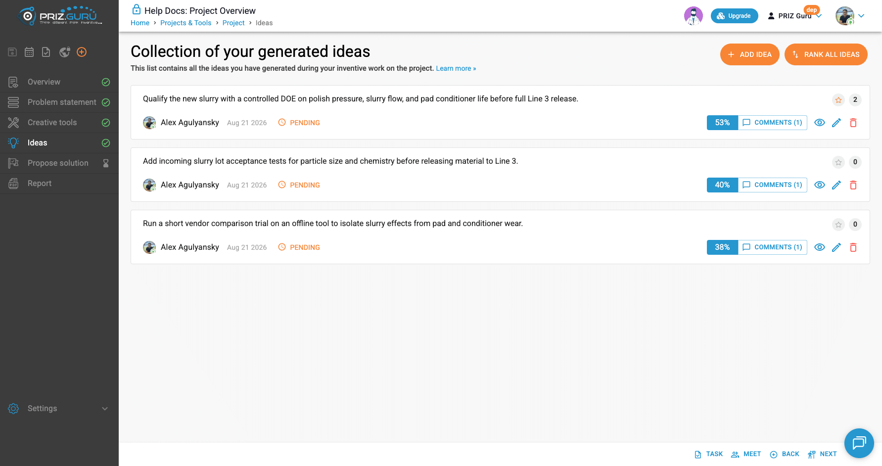 Ideas list with Comments (1) and rating chips (53%, 40%, 38%). Ranking scores (2, 0, 0) stay next to the star.