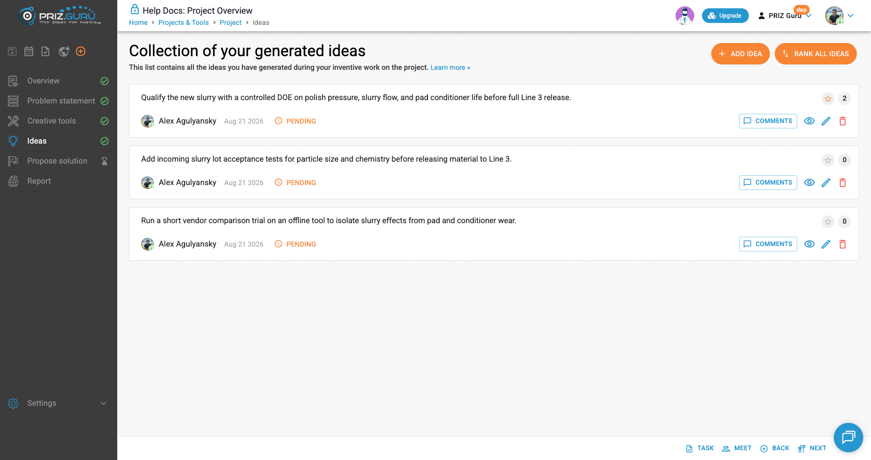 After you mark a winning idea, the star stays active and the sidebar Ideas stage shows a check.