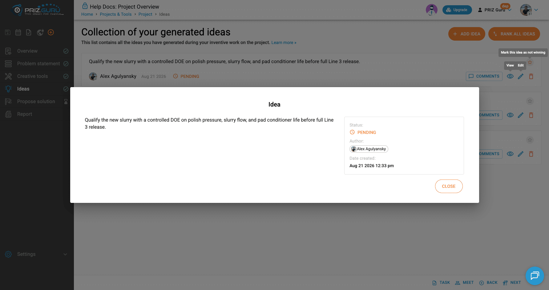 View opens a read-focused dialog. Use Edit if you need to change the idea.