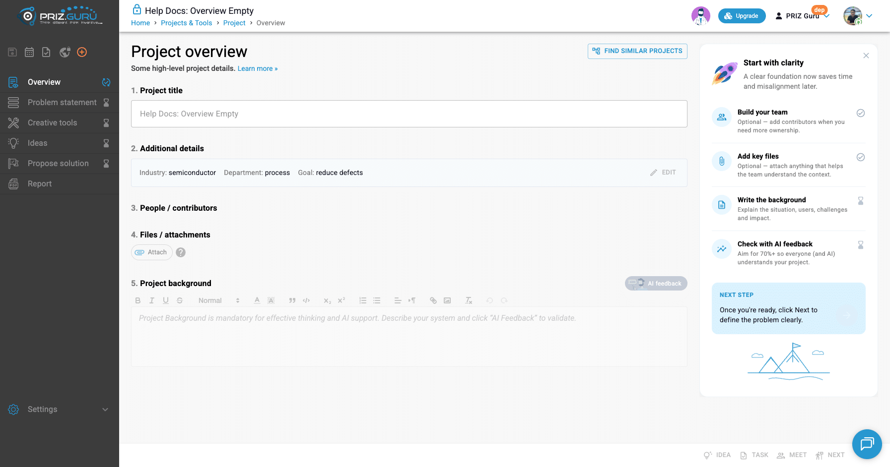 A new project right after Launch. Title and Additional details come from the wizard. Background is still empty, so AI feedback is disabled. Start with clarity is on the right.