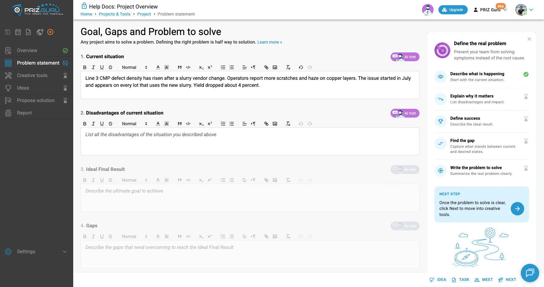 After you write Current situation, Disadvantages unlocks and the first checklist item turns green.