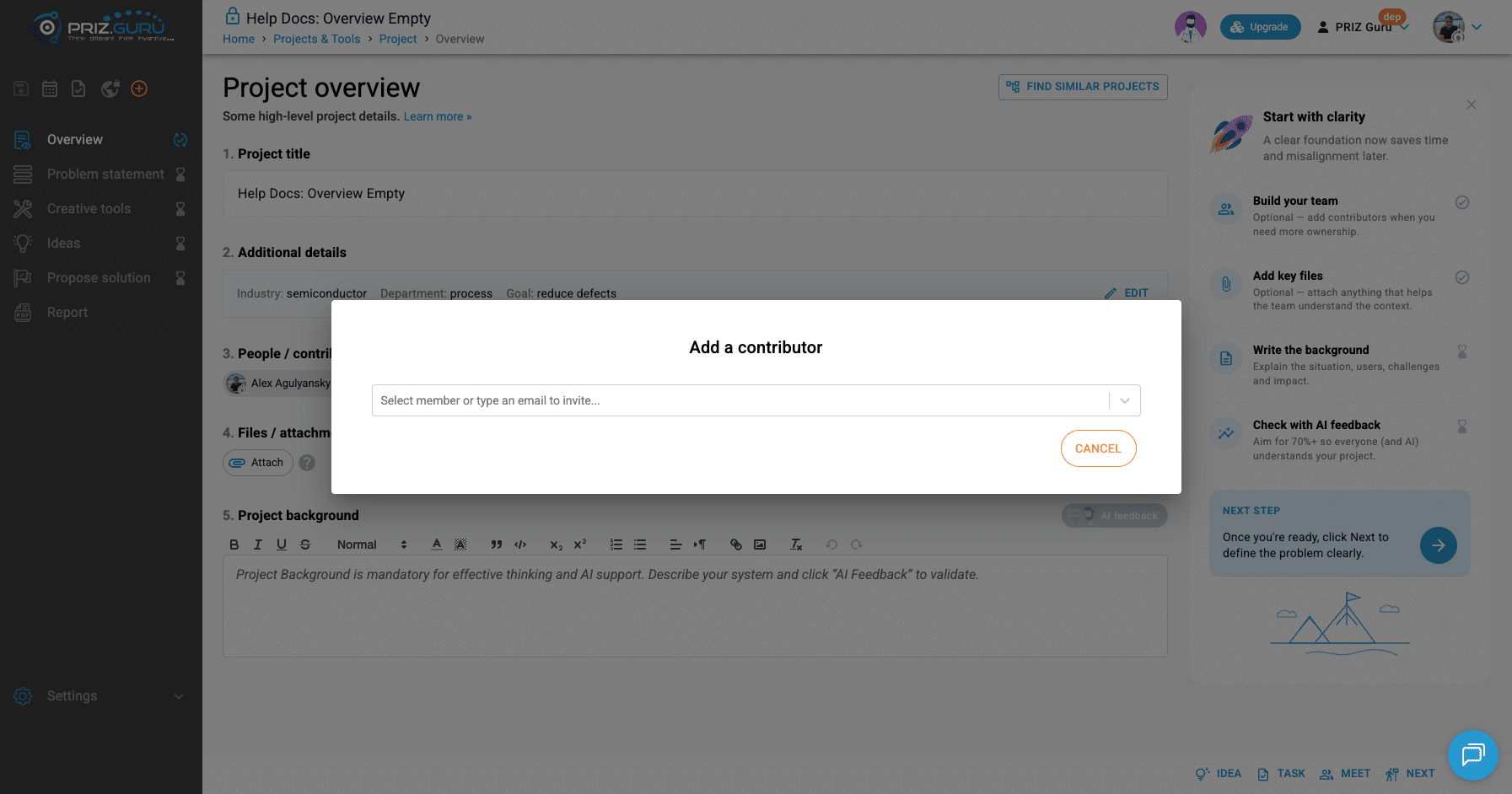 Add a contributor. Select a workspace member, or type an email to invite someone new (when your plan and seats allow it).