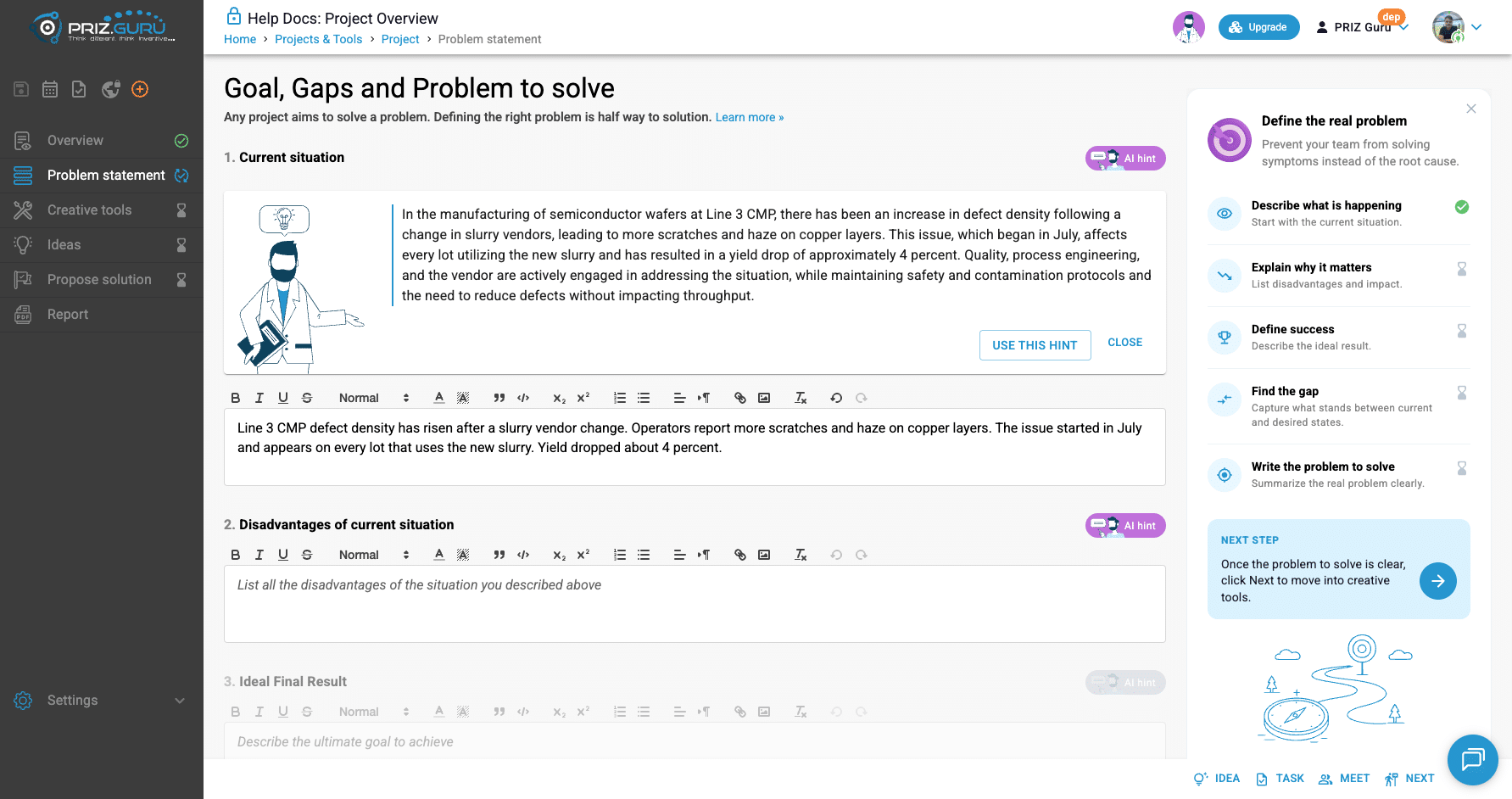 AI hint on Current situation. Review the suggestion, then Use this hint or Close.