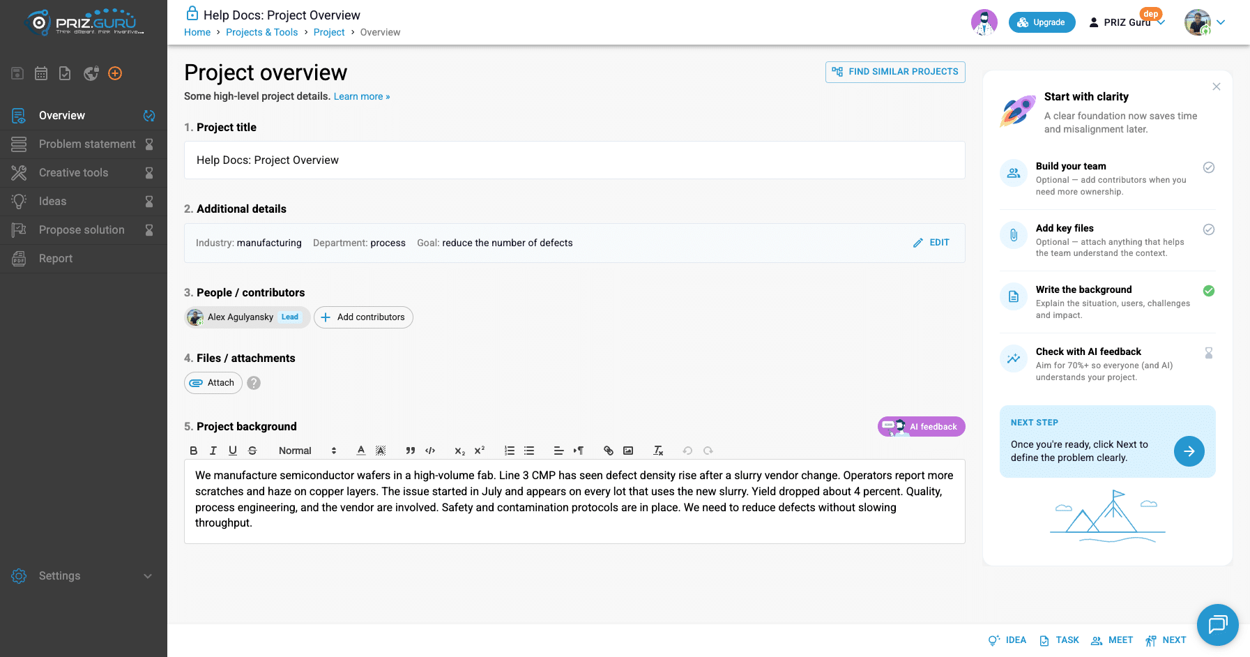 After you write the background, Write the background turns complete in the checklist. AI feedback becomes available. Check with AI feedback is still pending until you run it.