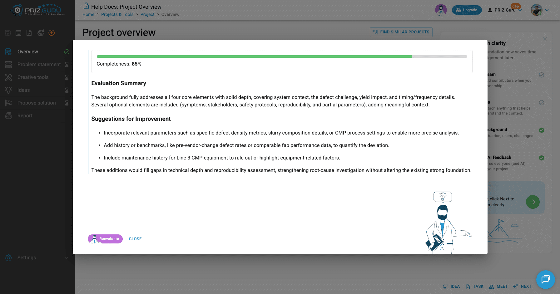 AI feedback dialog. Completeness: 85%. Use Reevaluate after you edit the background. Close returns you to Overview.