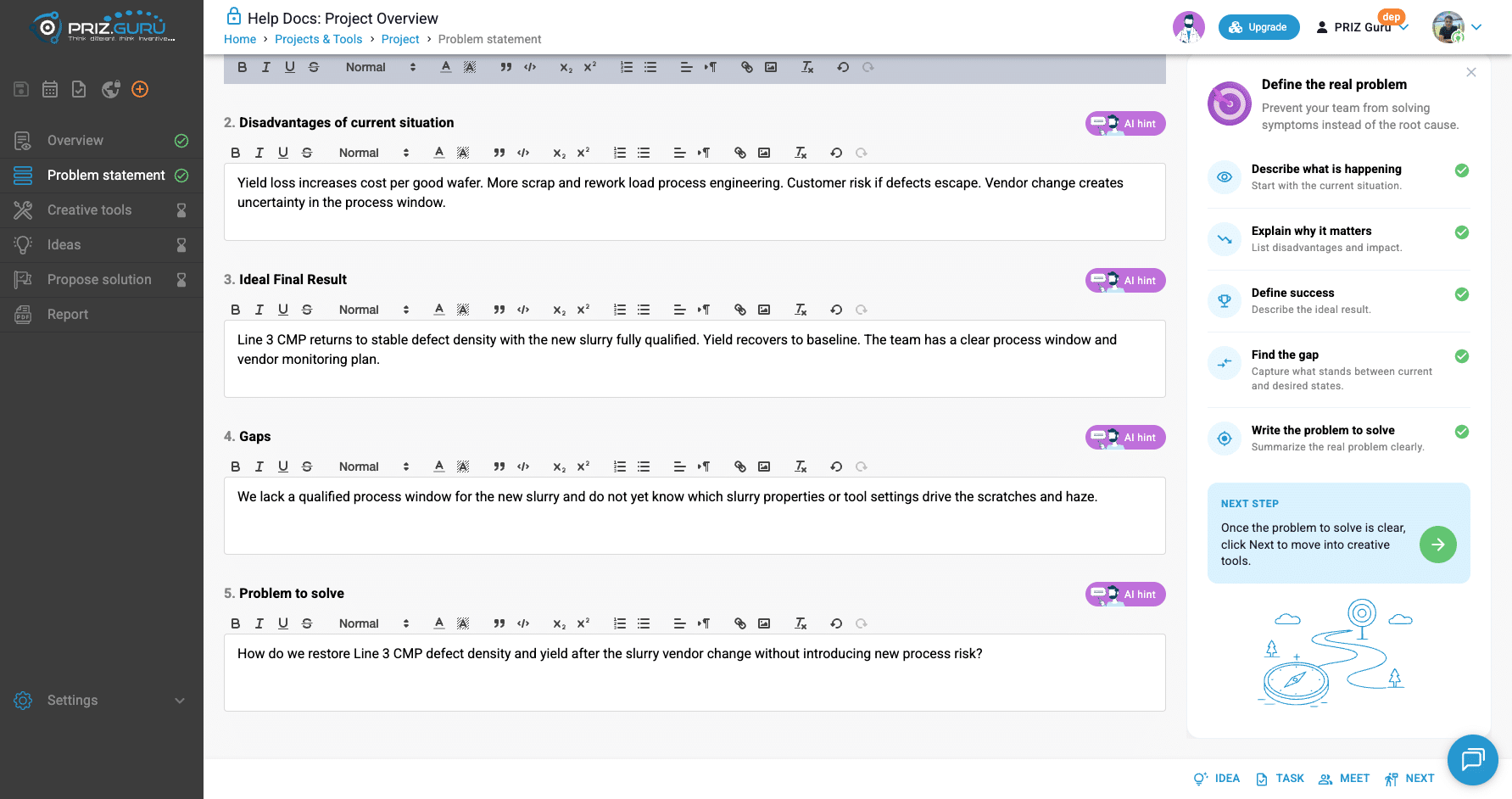 All five sections filled. The guidance checklist is complete, NEXT STEP is emphasized, and the sidebar Problem statement shows a check.