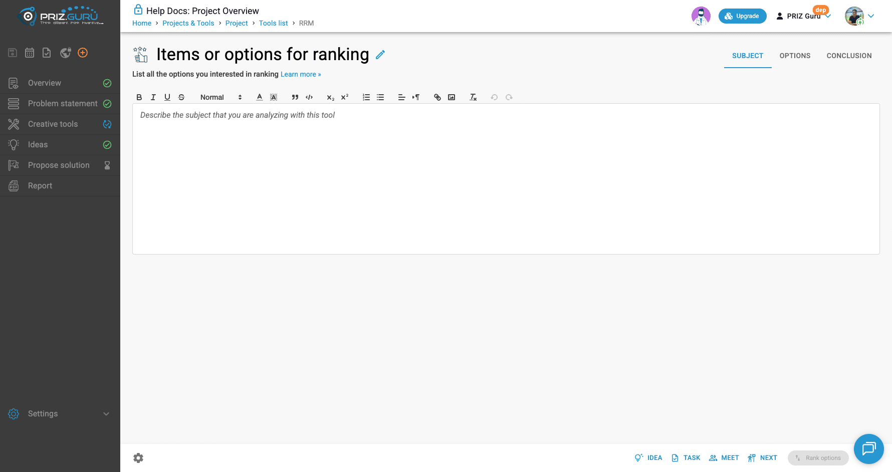 Subject: Describe the subject that you are analyzing with this tool. Rank options stays disabled until you have at least three options.