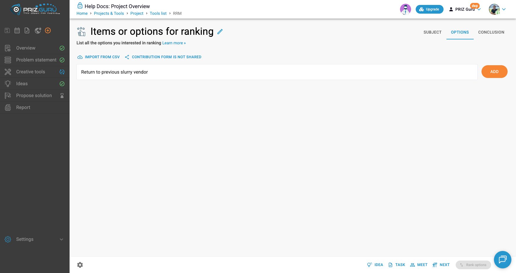 Options tab: Import from CSV, contribution sharing, the Add field, and Rank options still disabled.
