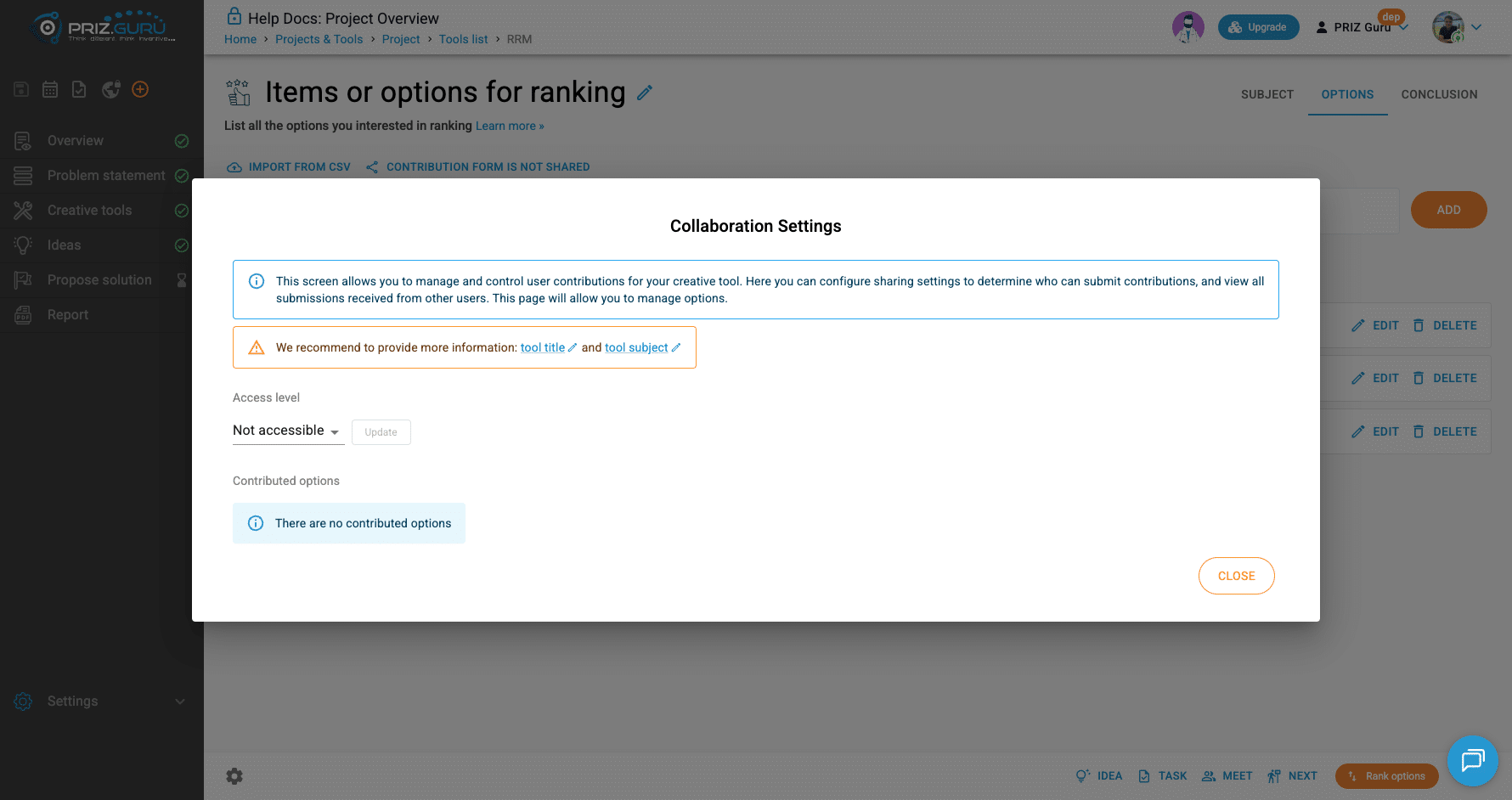 Default: Access level is Not accessible. Contributed options is empty until someone submits.