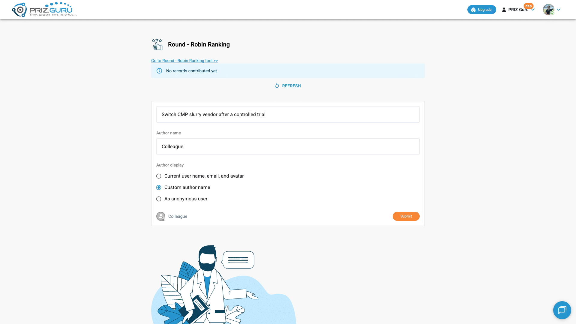 Shared form: option text, Author name, Author display, Submit. After submit, the line shows as Pending.