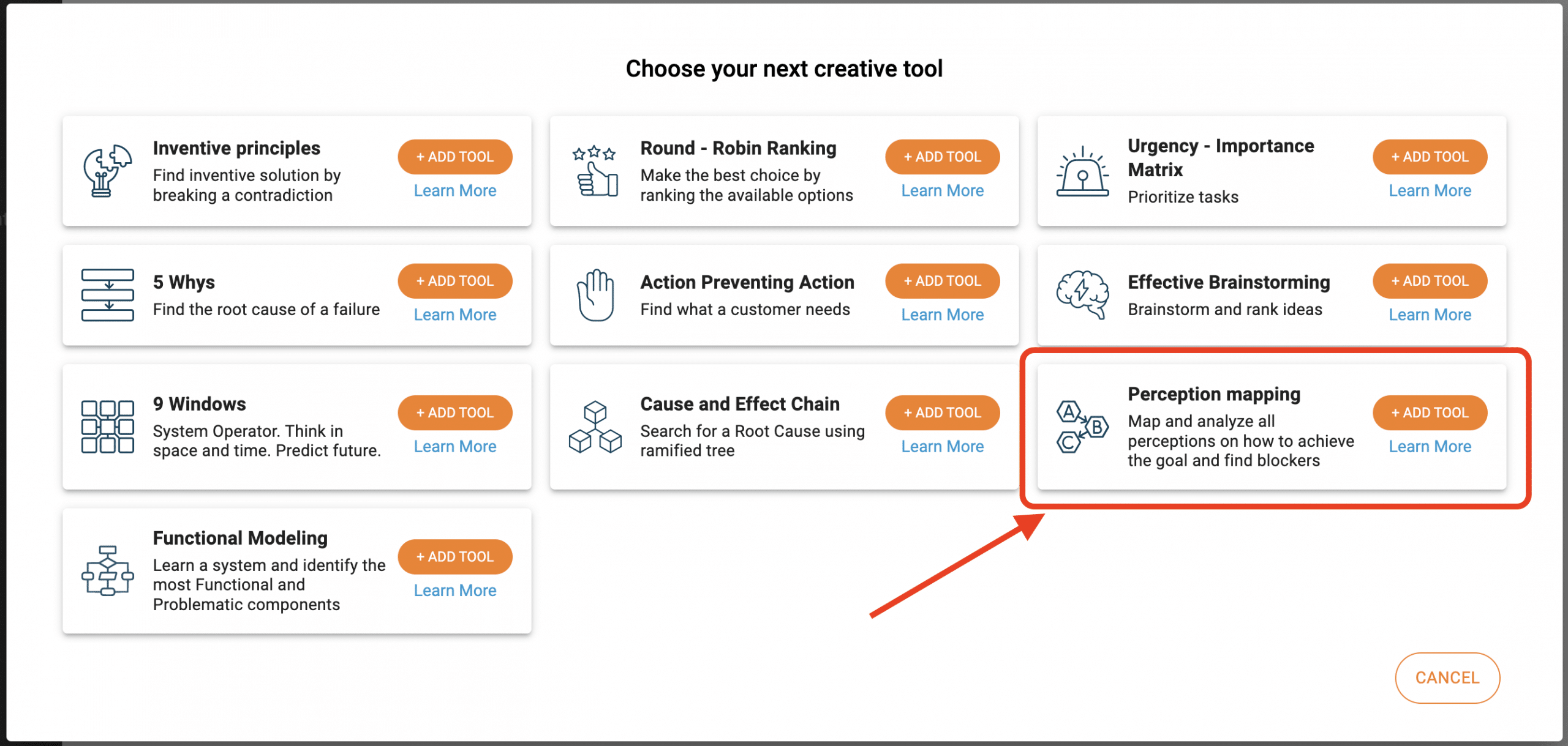 Perception mapping tool selector