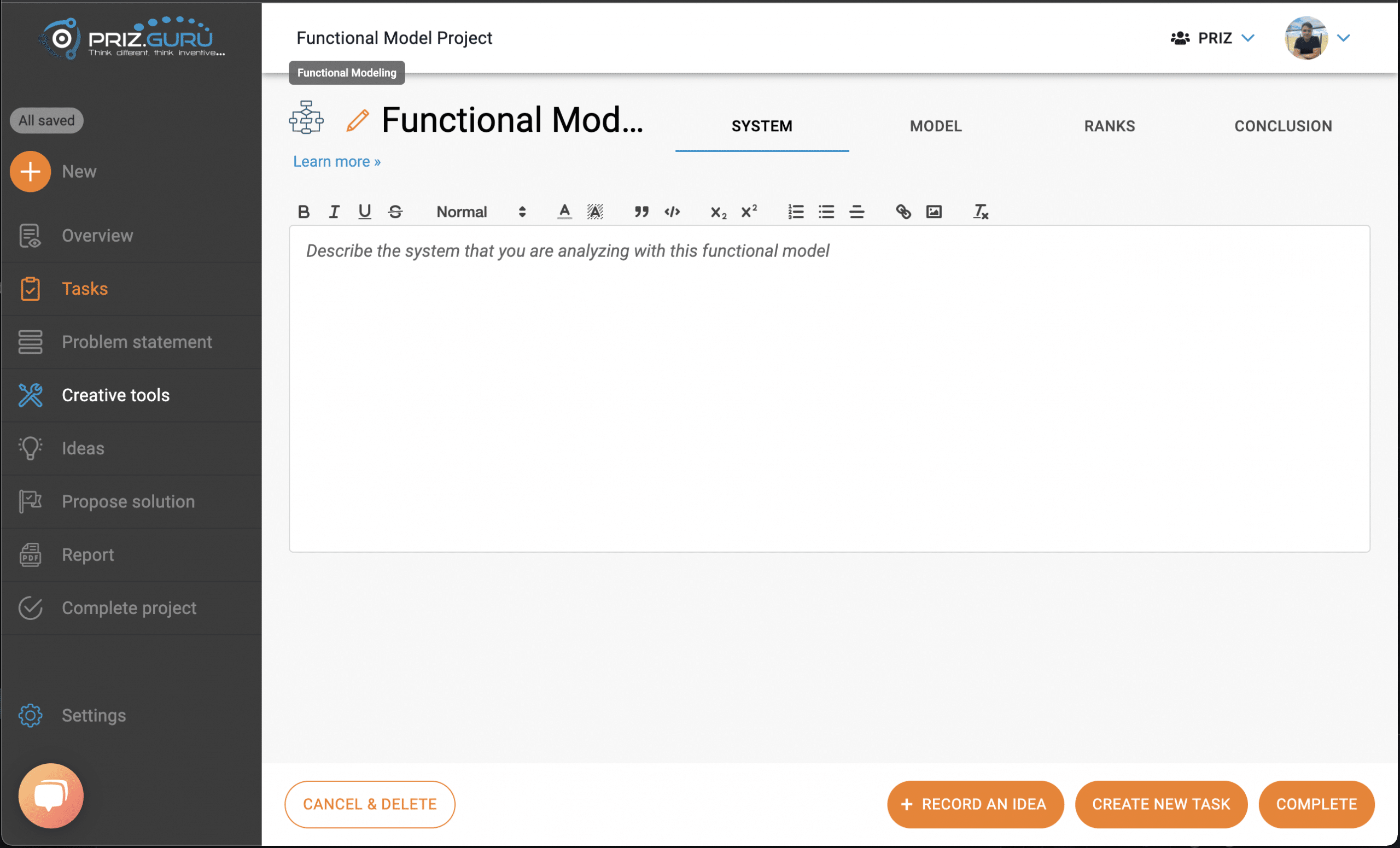 Function model tool - system tab