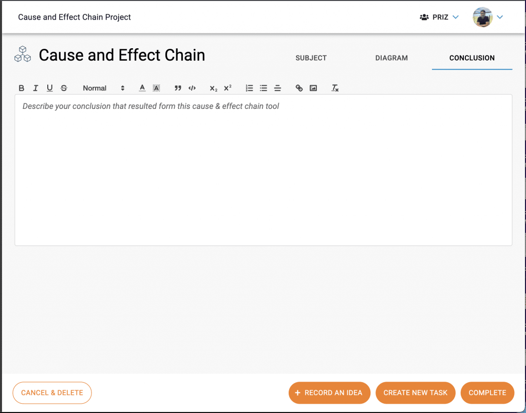 Cause and effect chain tool conclusion tab