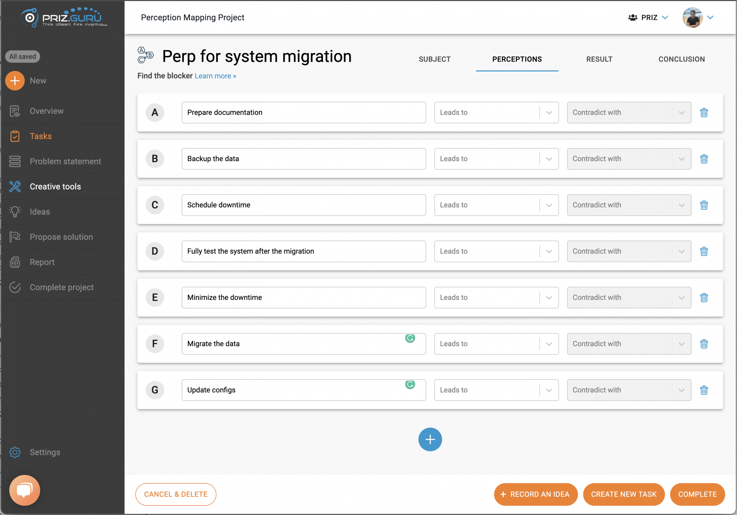 An example of filled list of perceptions for perception mapping