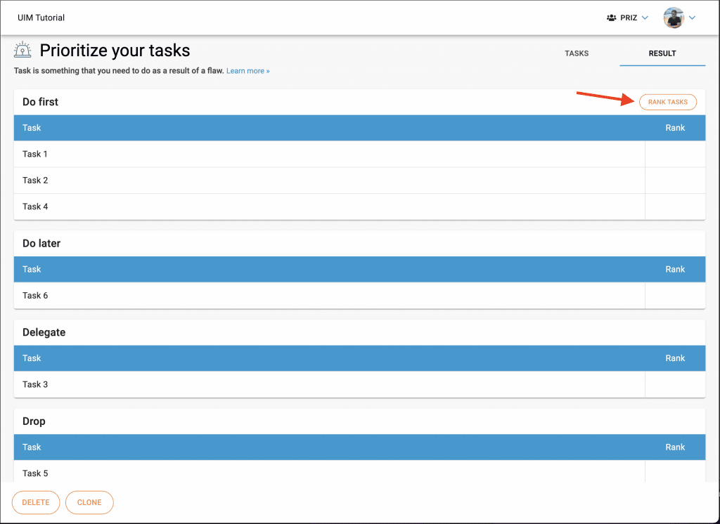 Result view of grouped tasks in UIM tool