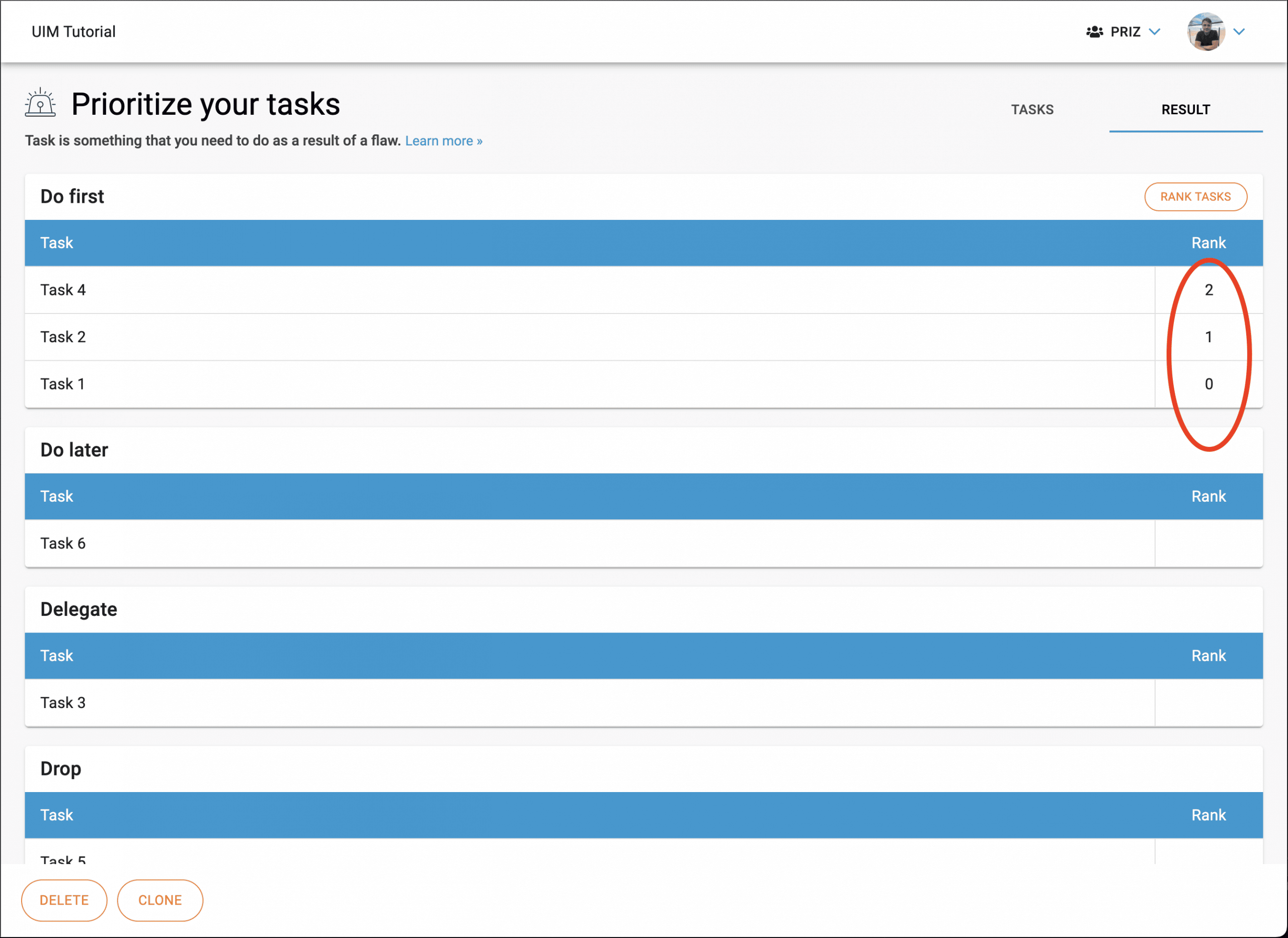 Task group ranking result in UIM tool